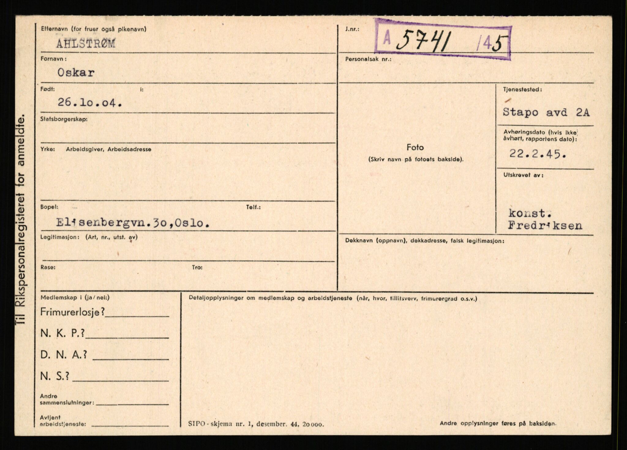 Statspolitiet - Hovedkontoret / Osloavdelingen, AV/RA-S-1329/C/Ca/L0001: Aabakken - Armann, 1943-1945, s. 1224