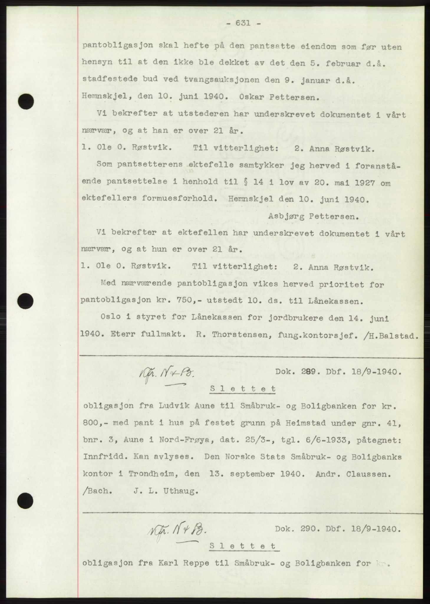 Hitra sorenskriveri, AV/SAT-A-0018/2/2C/2Ca: Pantebok nr. C1, 1936-1945, Dagboknr: 289/1940