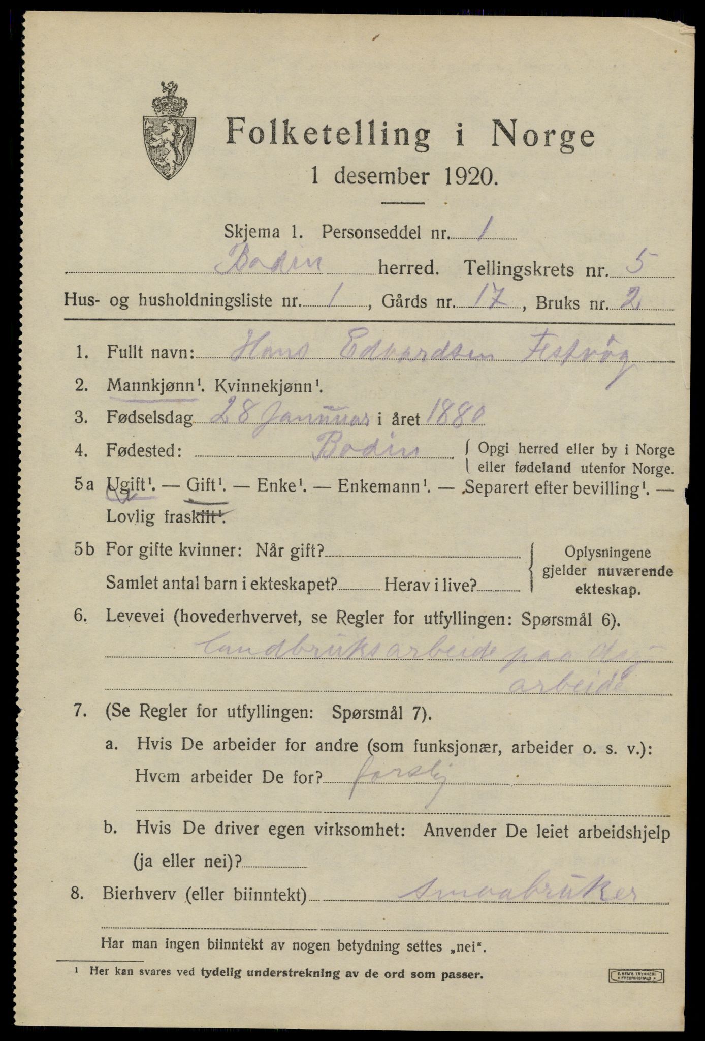 SAT, Folketelling 1920 for 1843 Bodin herred, 1920, s. 2912