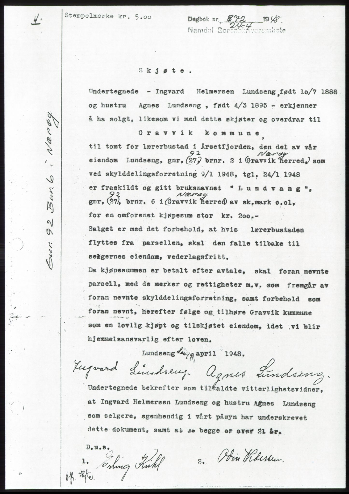 Namdal sorenskriveri, SAT/A-4133/1/2/2C: Pantebok nr. -, 1947-1948, Dagboknr: 872/1948