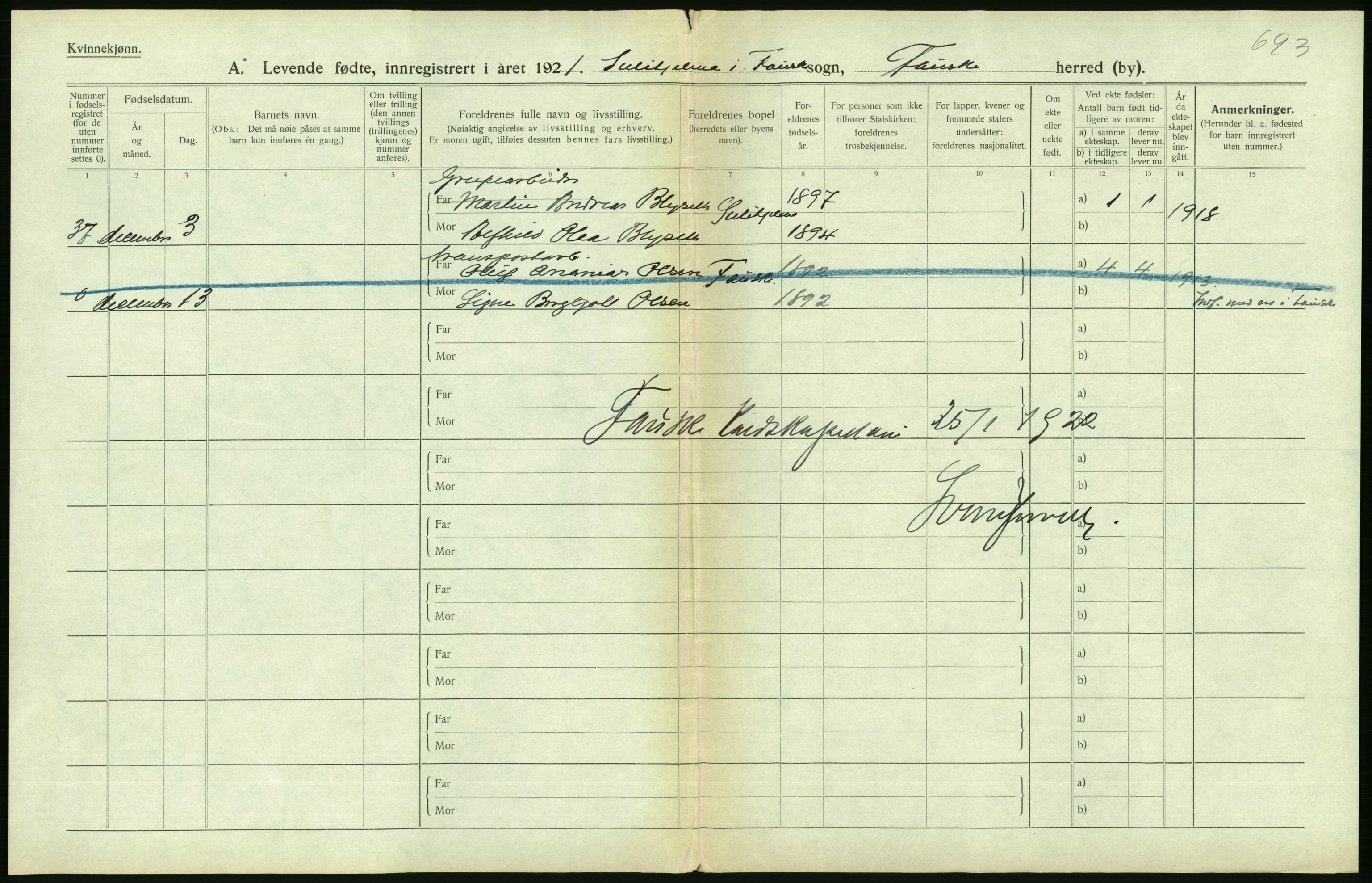 Statistisk sentralbyrå, Sosiodemografiske emner, Befolkning, AV/RA-S-2228/D/Df/Dfc/Dfca/L0049: Nordland fylke: Levendefødte menn og kvinner. Bygder., 1921, s. 206