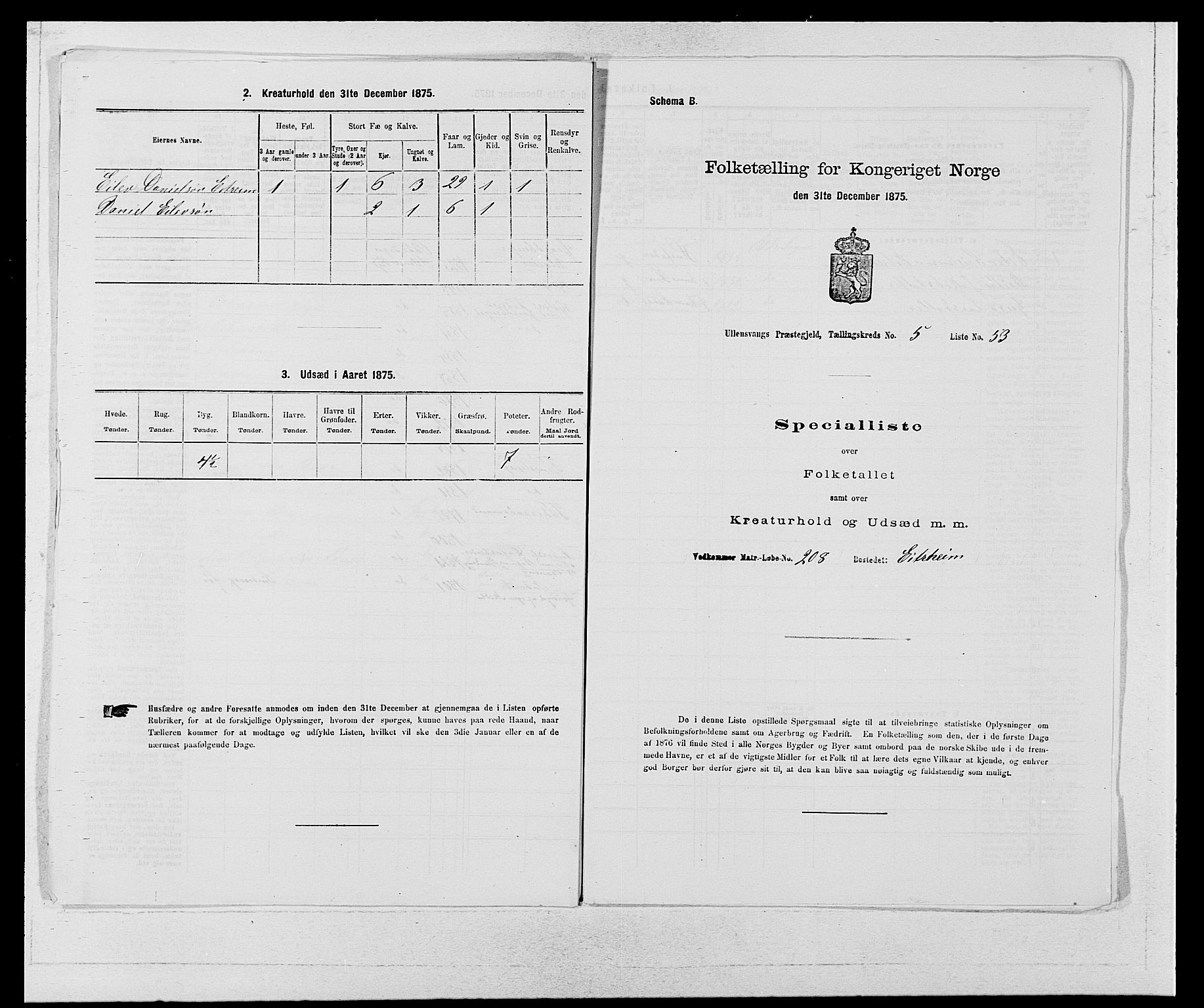 SAB, Folketelling 1875 for 1230P Ullensvang prestegjeld, 1875, s. 491