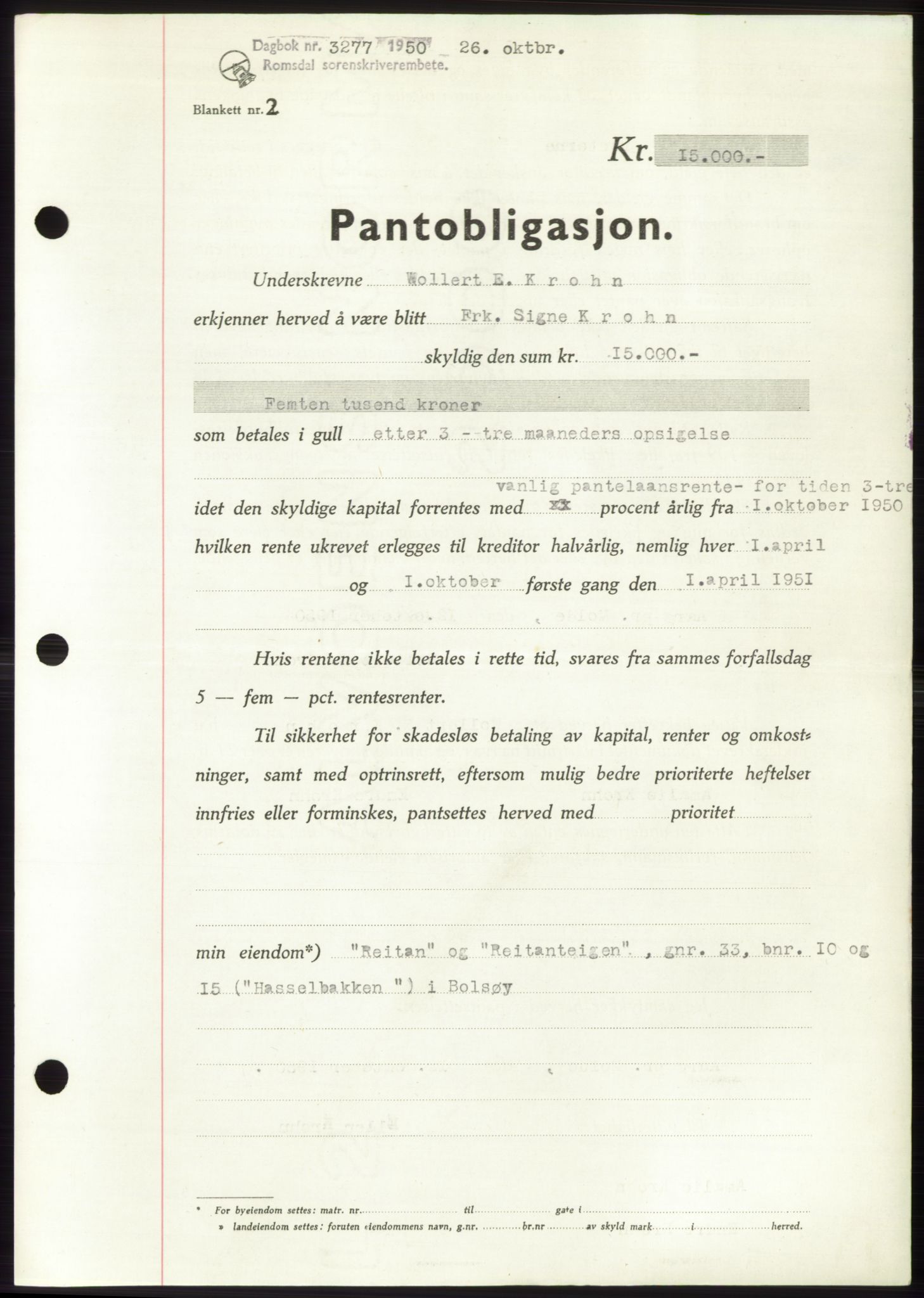 Romsdal sorenskriveri, AV/SAT-A-4149/1/2/2C: Pantebok nr. B5, 1949-1950, Dagboknr: 3277/1950