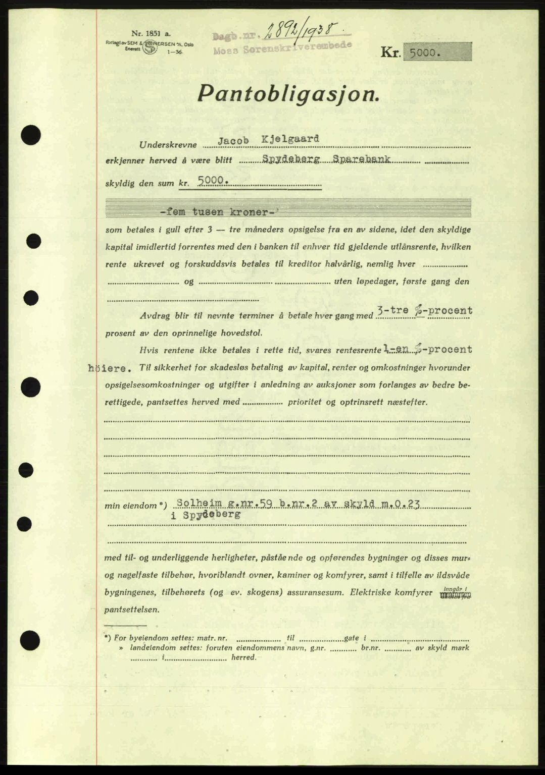 Moss sorenskriveri, SAO/A-10168: Pantebok nr. B6, 1938-1938, Dagboknr: 2892/1938