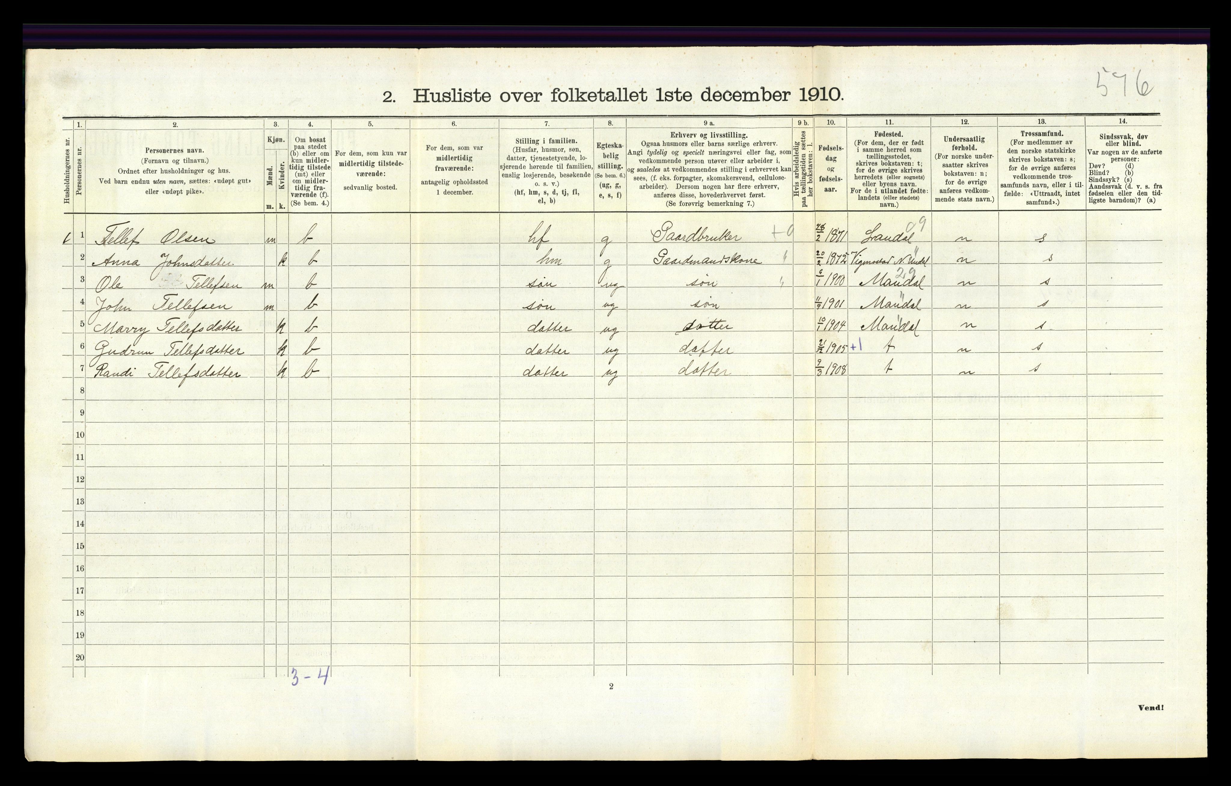 RA, Folketelling 1910 for 1020 Holum herred, 1910, s. 325