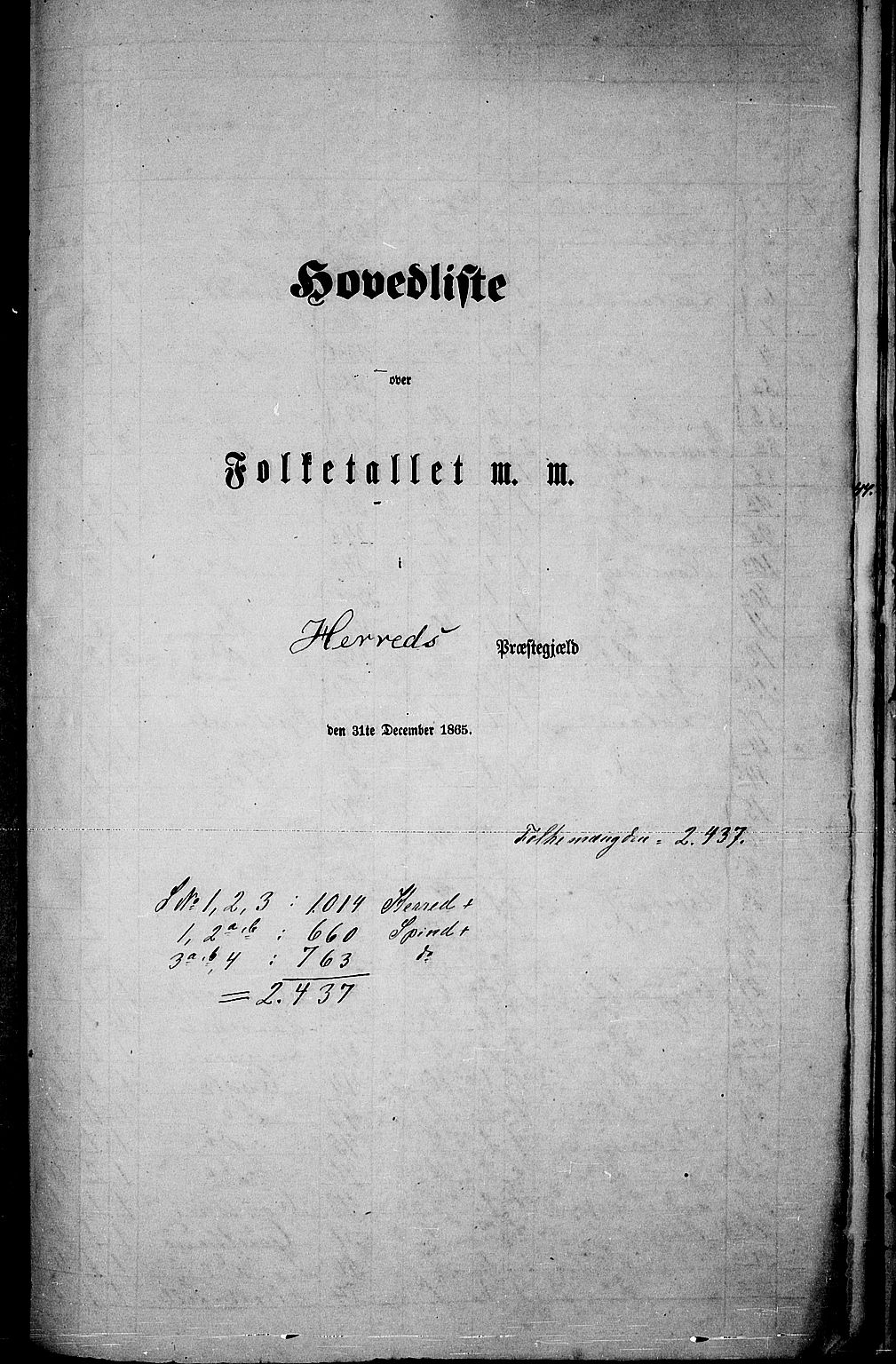 RA, Folketelling 1865 for 1039P Herad prestegjeld, 1865, s. 1