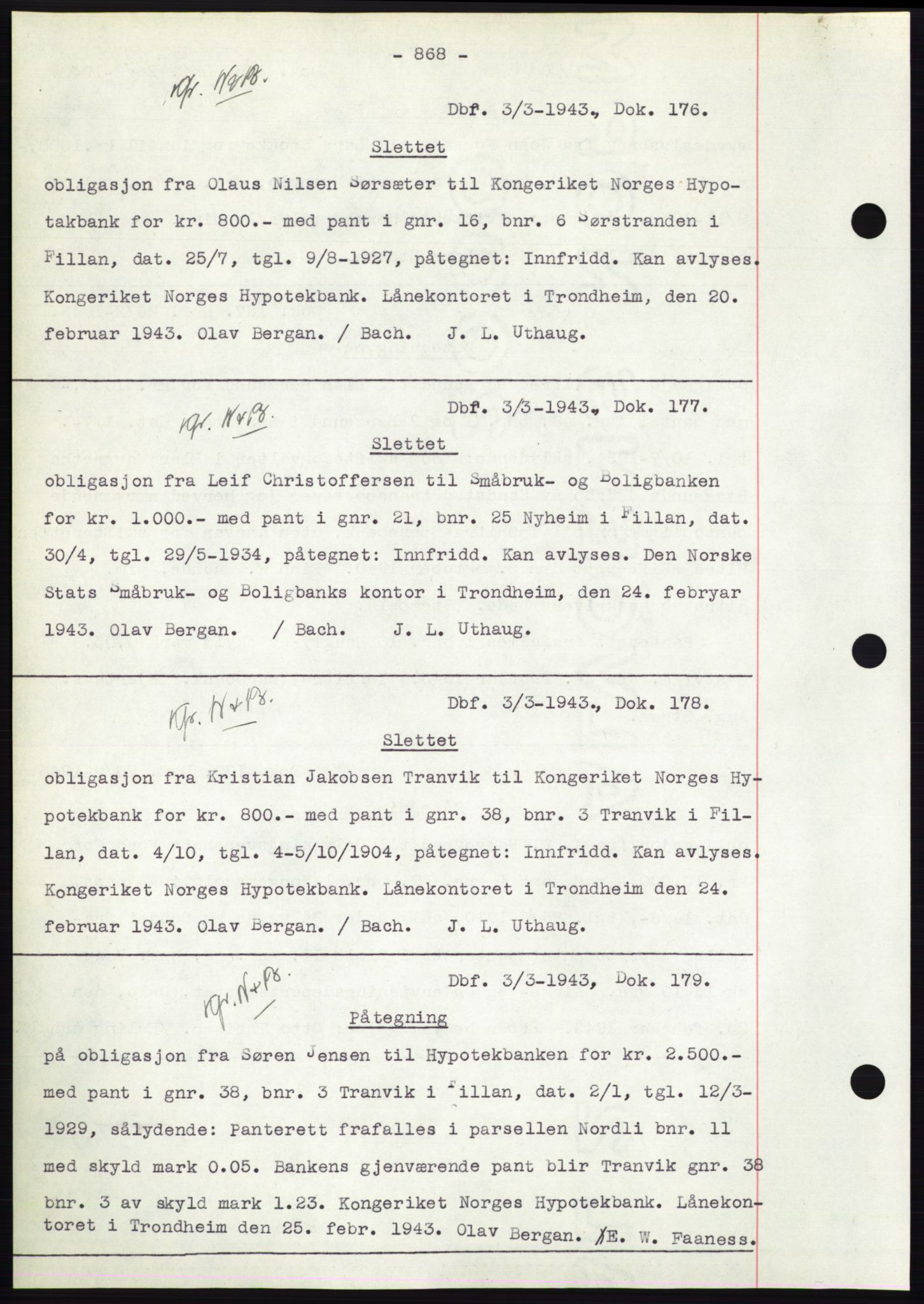 Hitra sorenskriveri, AV/SAT-A-0018/2/2C/2Ca: Pantebok nr. C1, 1936-1945, Dagboknr: 176/1943
