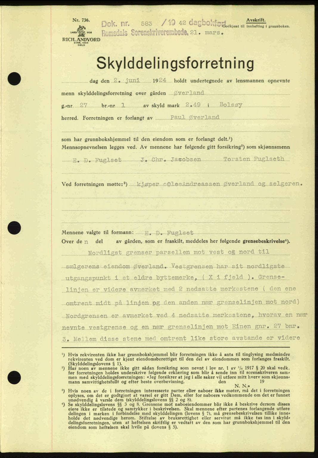 Romsdal sorenskriveri, SAT/A-4149/1/2/2C: Pantebok nr. A12, 1942-1942, Dagboknr: 583/1942