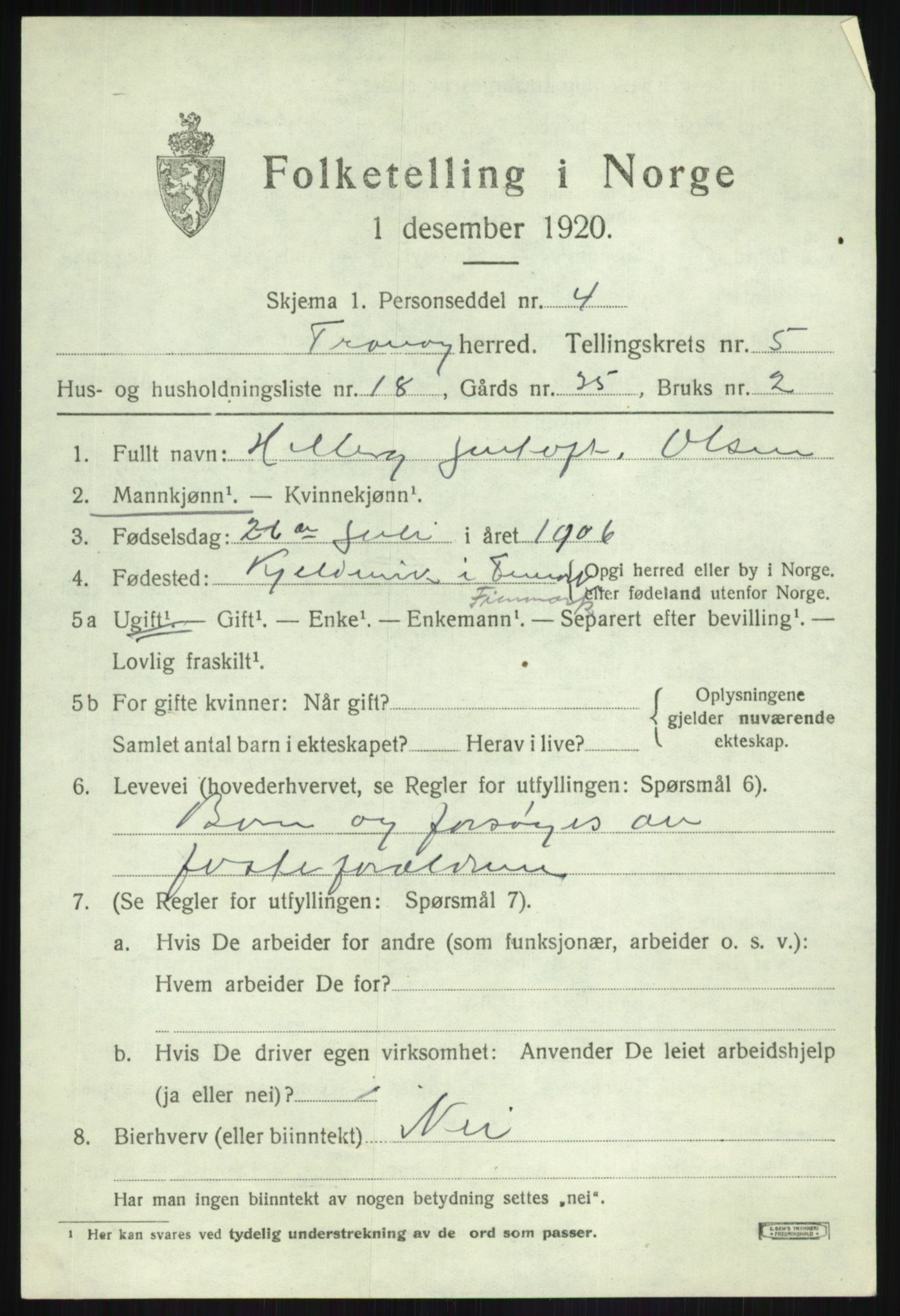 SATØ, Folketelling 1920 for 1927 Tranøy herred, 1920, s. 2589