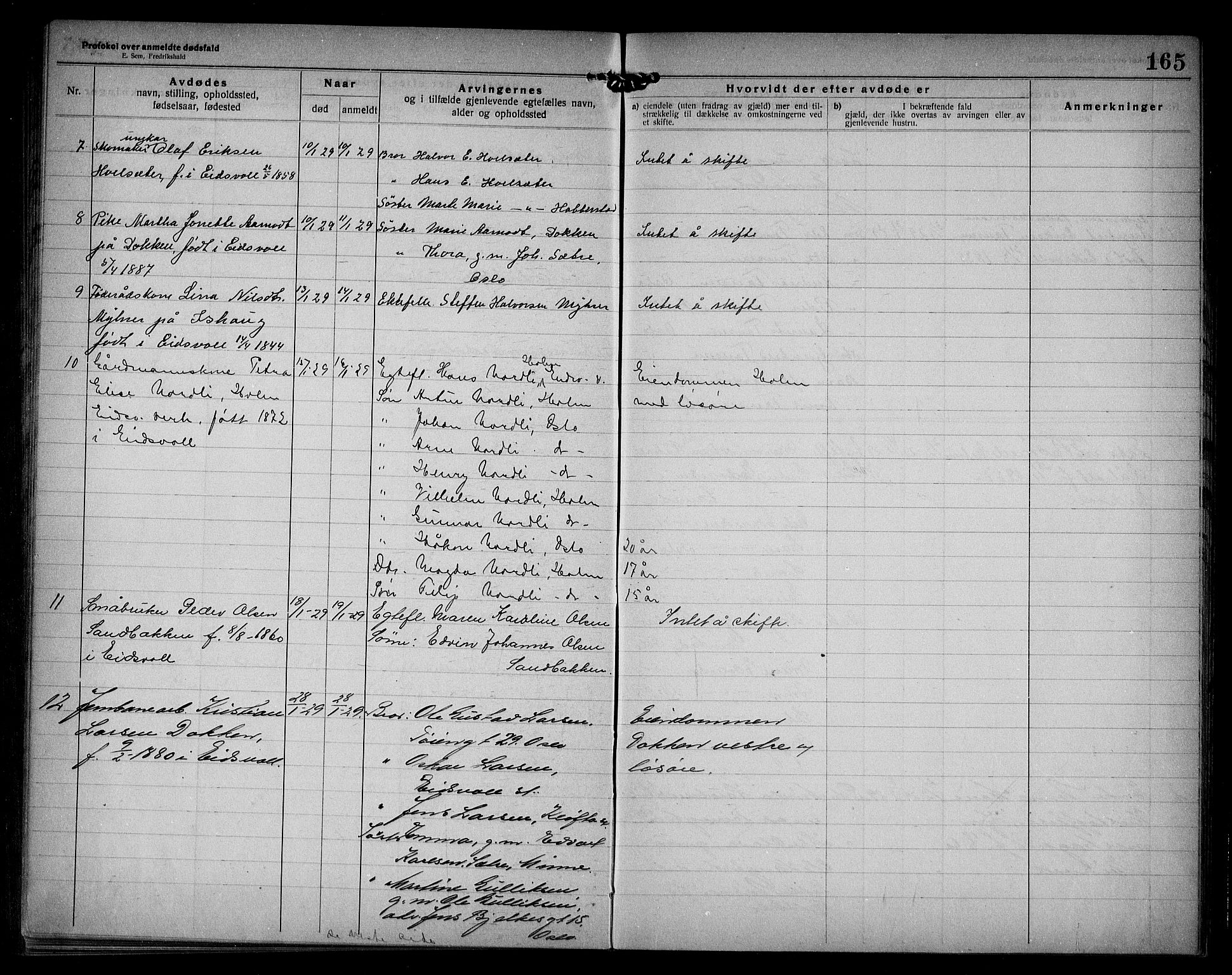 Eidsvoll lensmannskontor, AV/SAO-A-10266a/H/Ha/Haa/L0005: Dødsfallprotokoll, 1921-1930, s. 165