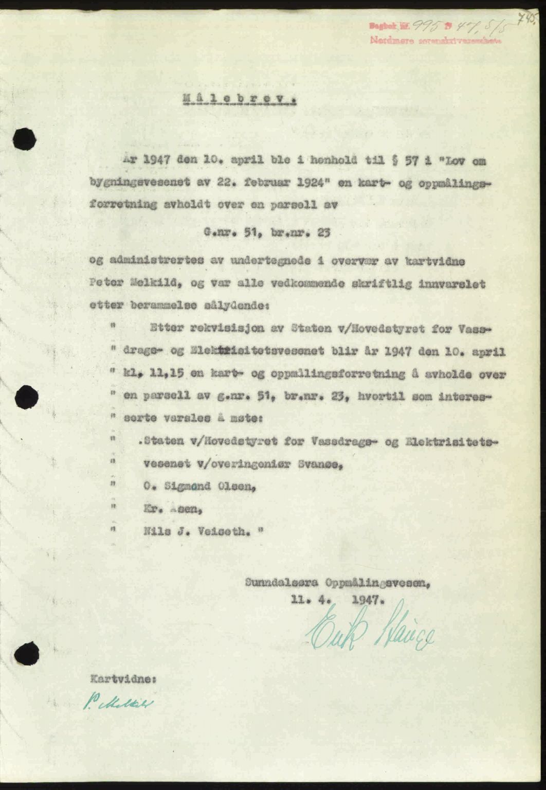 Nordmøre sorenskriveri, SAT/A-4132/1/2/2Ca: Pantebok nr. A104, 1947-1947, Dagboknr: 995/1947