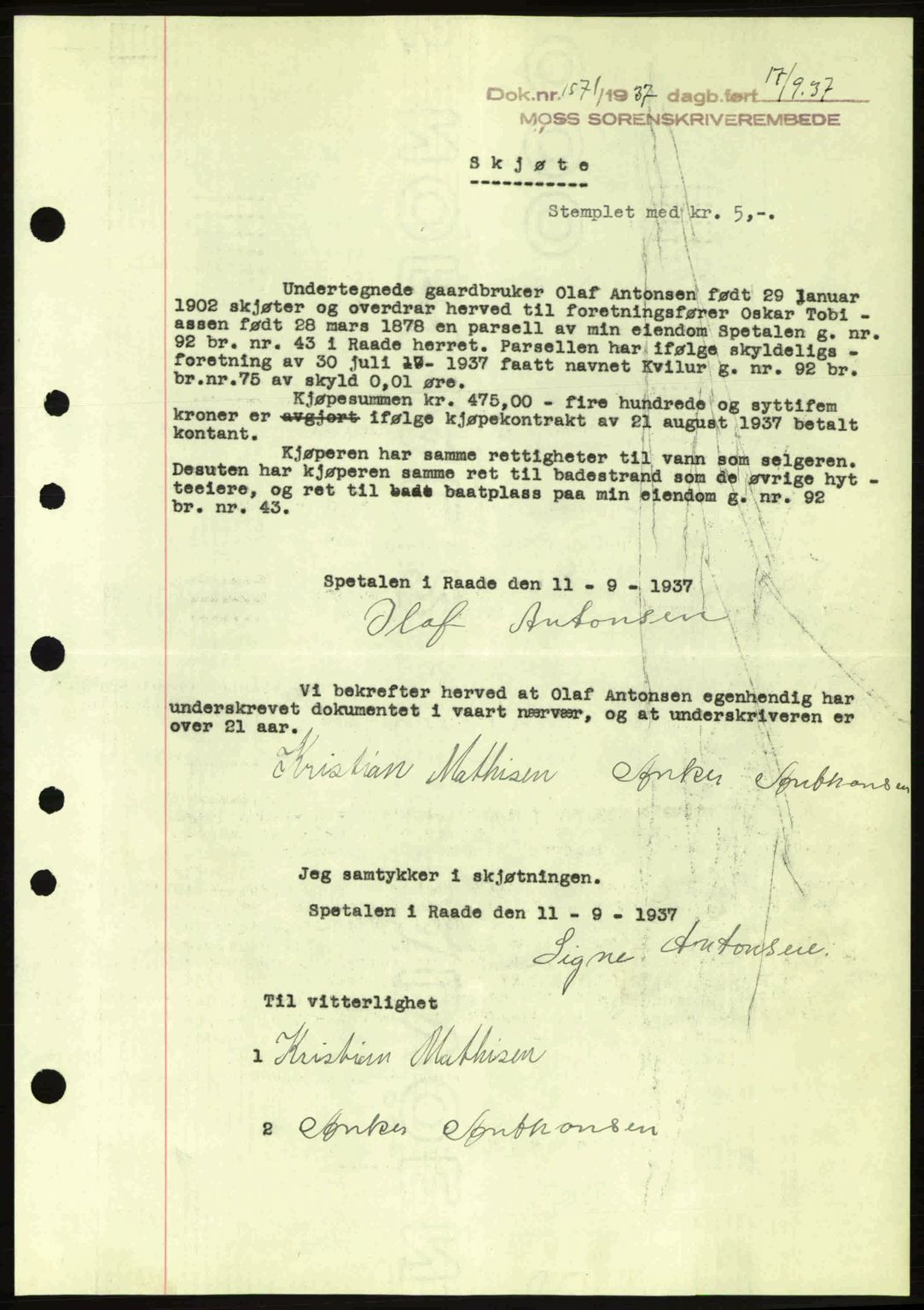 Moss sorenskriveri, SAO/A-10168: Pantebok nr. A3, 1937-1938, Dagboknr: 1571/1937