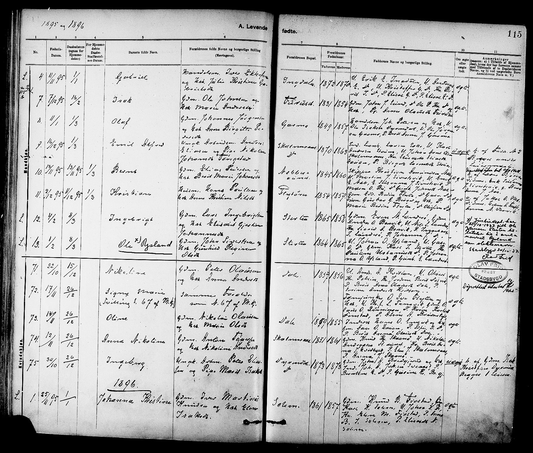 Ministerialprotokoller, klokkerbøker og fødselsregistre - Sør-Trøndelag, AV/SAT-A-1456/647/L0634: Ministerialbok nr. 647A01, 1885-1896, s. 115