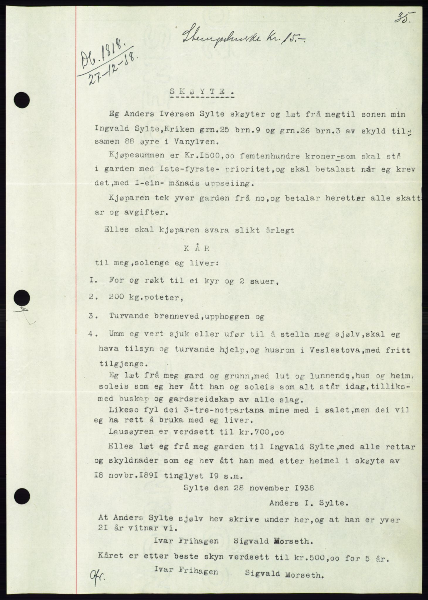 Søre Sunnmøre sorenskriveri, AV/SAT-A-4122/1/2/2C/L0067: Pantebok nr. 61, 1938-1939, Dagboknr: 1818/1938