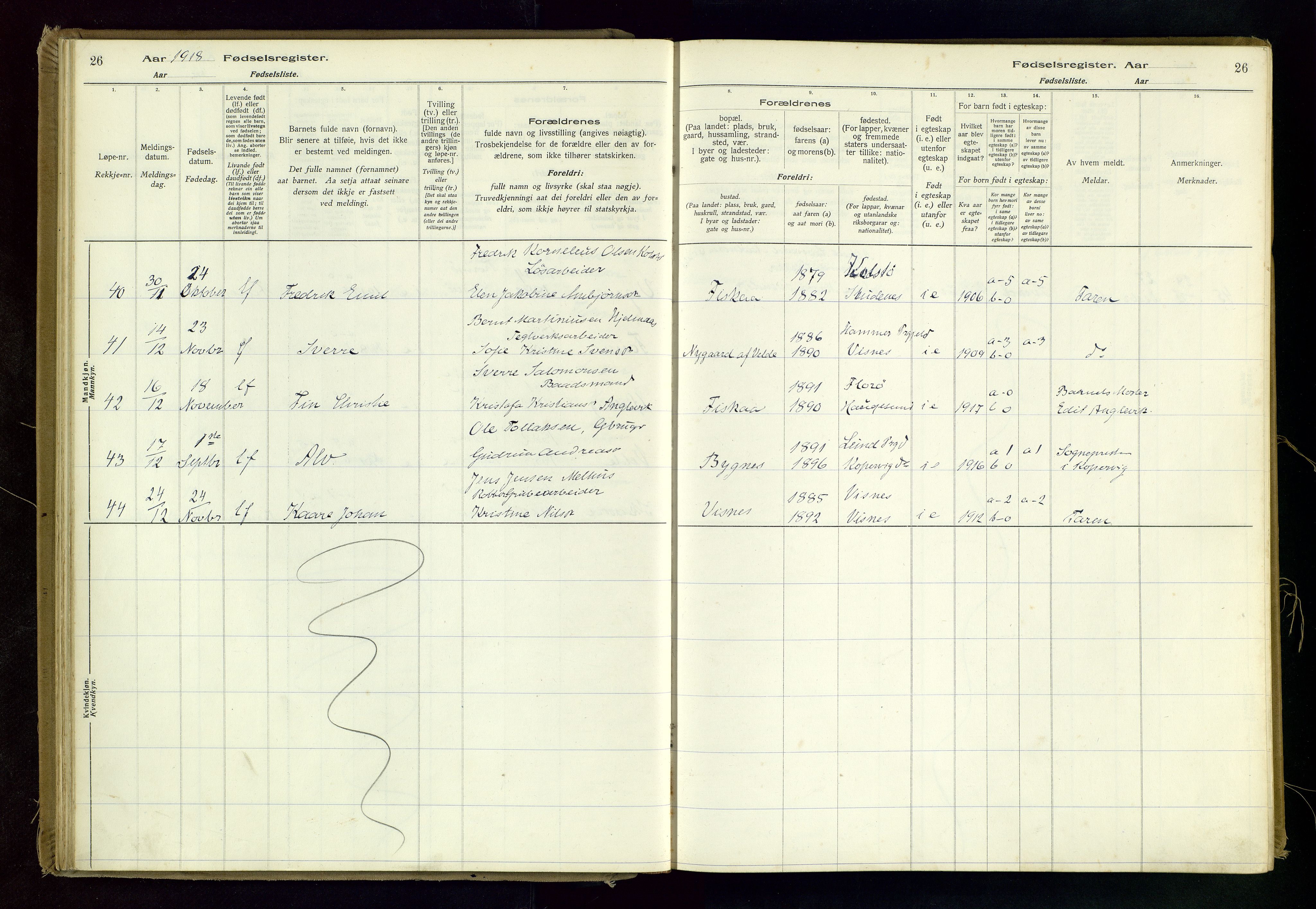 Avaldsnes sokneprestkontor, AV/SAST-A -101851/I/Id/L0001: Fødselsregister nr. 1, 1916-1946, s. 26