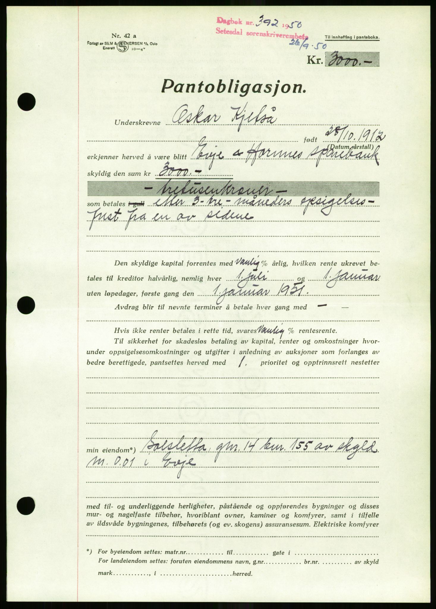 Setesdal sorenskriveri, AV/SAK-1221-0011/G/Gb/L0050: Pantebok nr. B 38, 1949-1952, Dagboknr: 392/1950