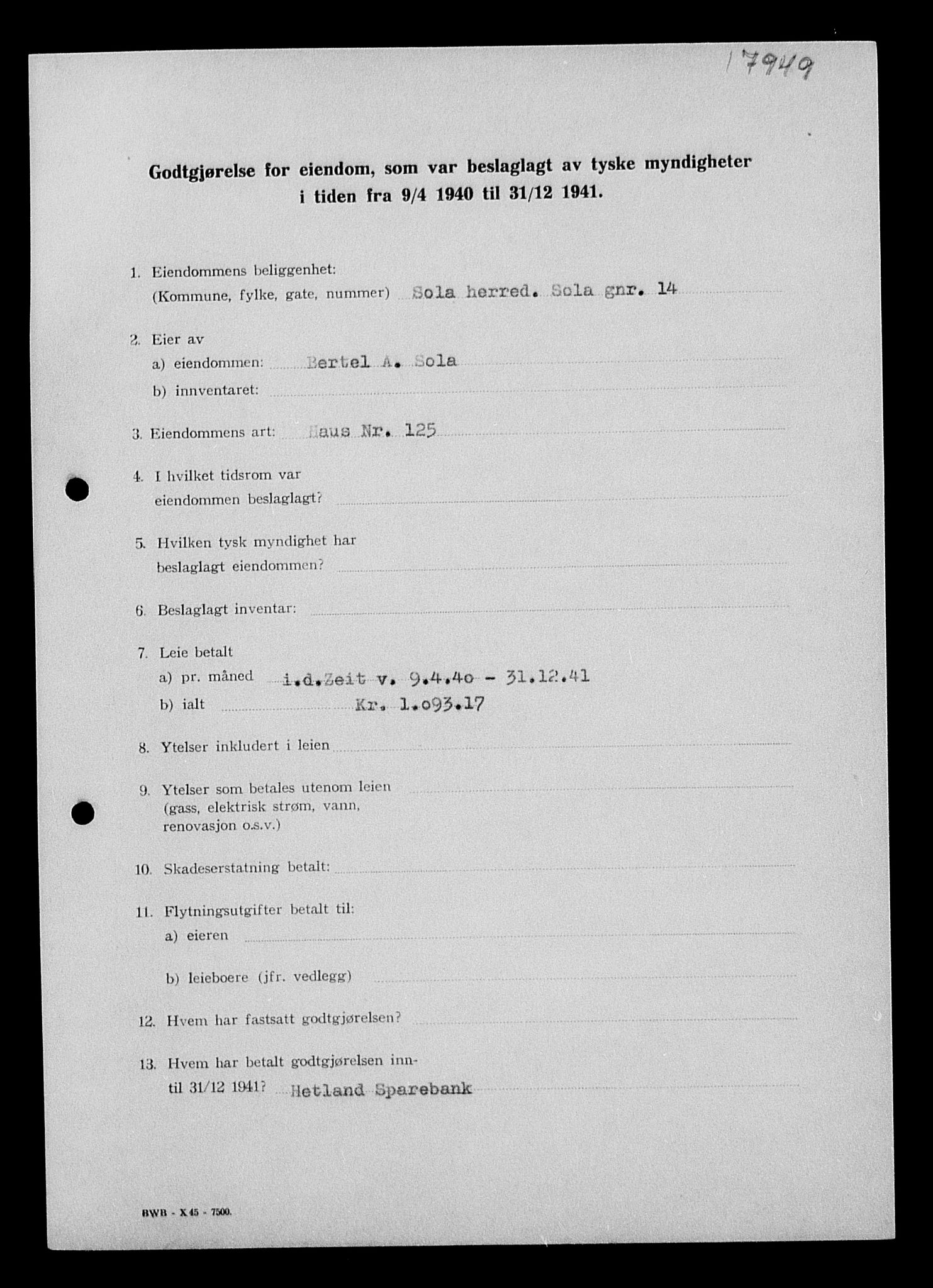 Justisdepartementet, Tilbakeføringskontoret for inndratte formuer, AV/RA-S-1564/I/L1015: Godtgjørelse for beslaglagt eiendom, 1940-1941, s. 205
