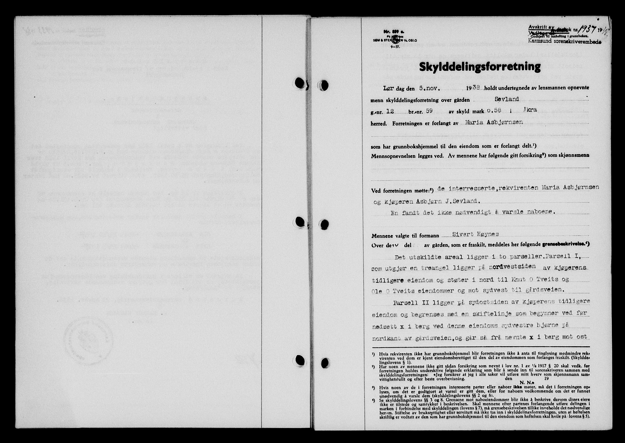 Karmsund sorenskriveri, SAST/A-100311/01/II/IIB/L0070: Pantebok nr. 51A, 1938-1939, Dagboknr: 1937/1938
