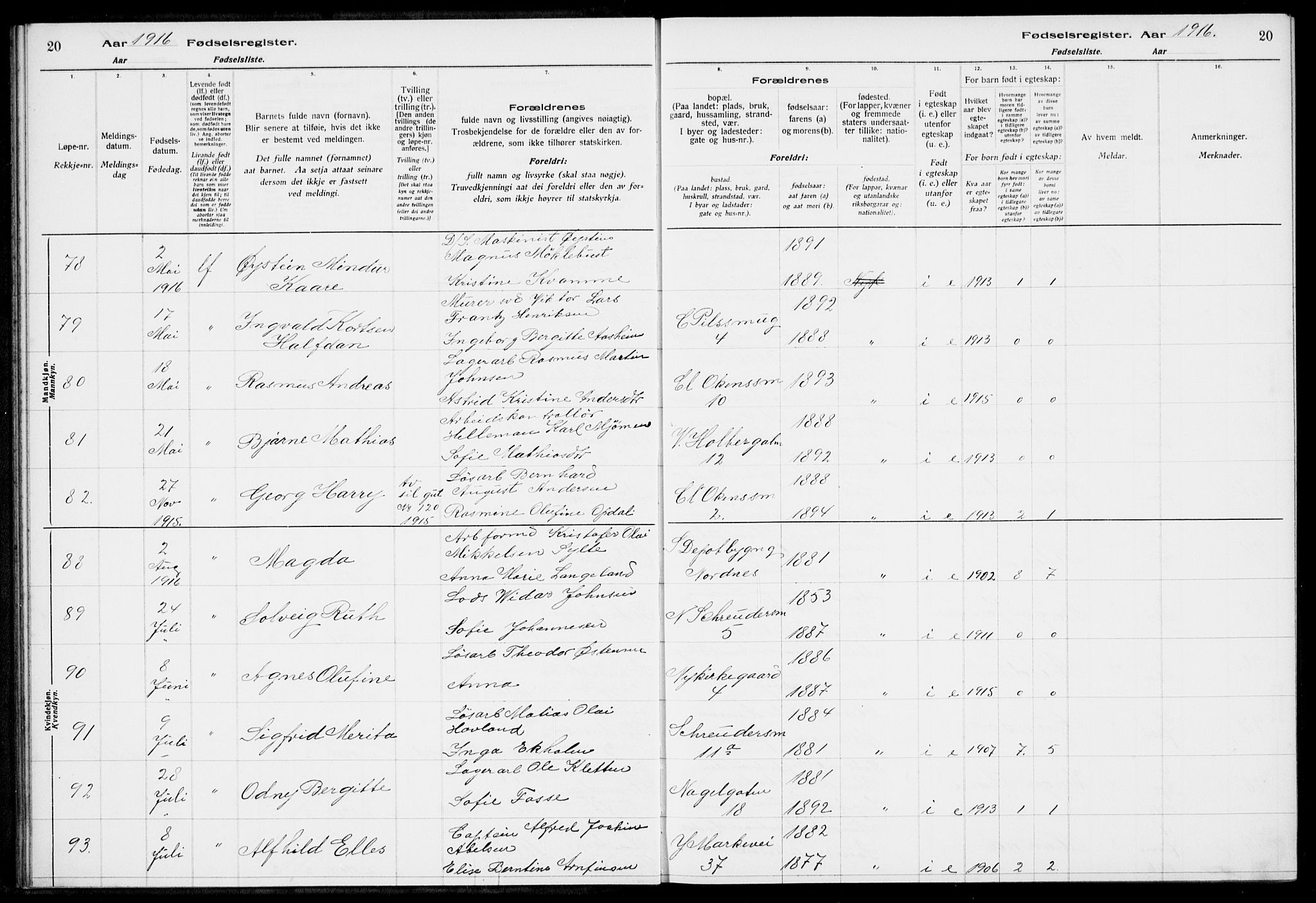 Nykirken Sokneprestembete, AV/SAB-A-77101/I/Id/L00A1: Fødselsregister nr. A 1, 1916-1922, s. 20