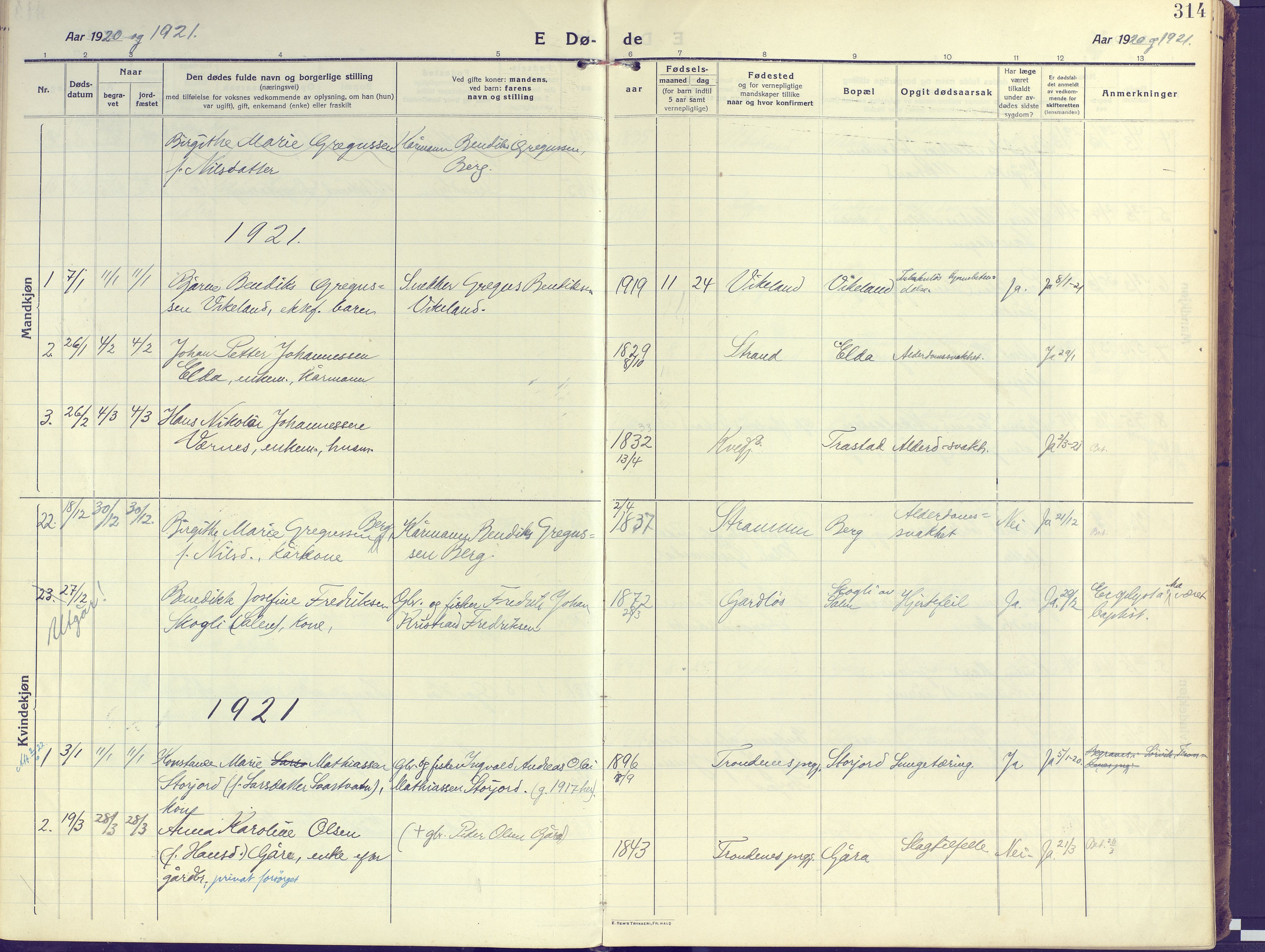 Kvæfjord sokneprestkontor, AV/SATØ-S-1323/G/Ga/Gaa/L0007kirke: Ministerialbok nr. 7, 1915-1931, s. 314