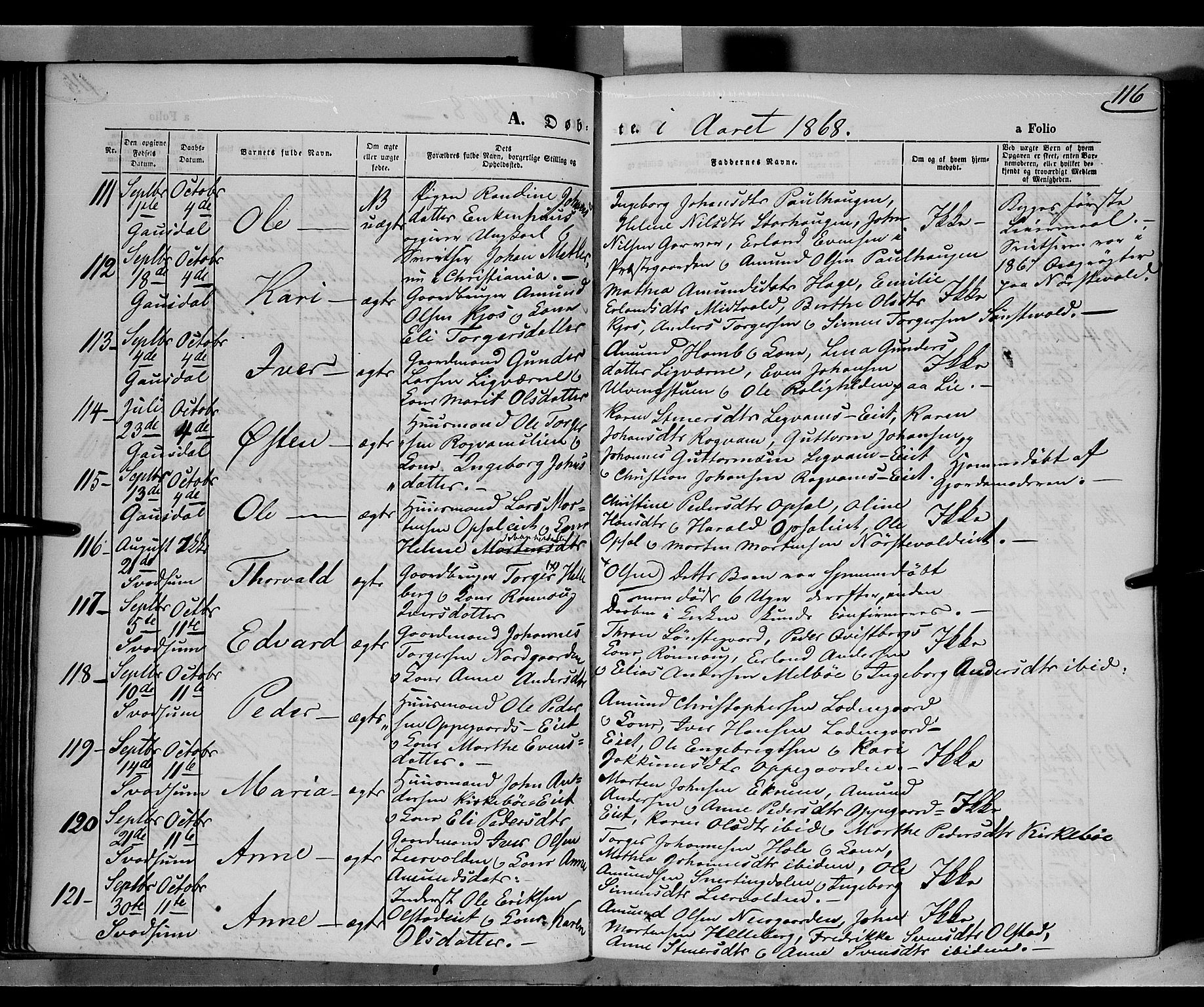 Gausdal prestekontor, AV/SAH-PREST-090/H/Ha/Haa/L0009: Ministerialbok nr. 9, 1862-1873, s. 116