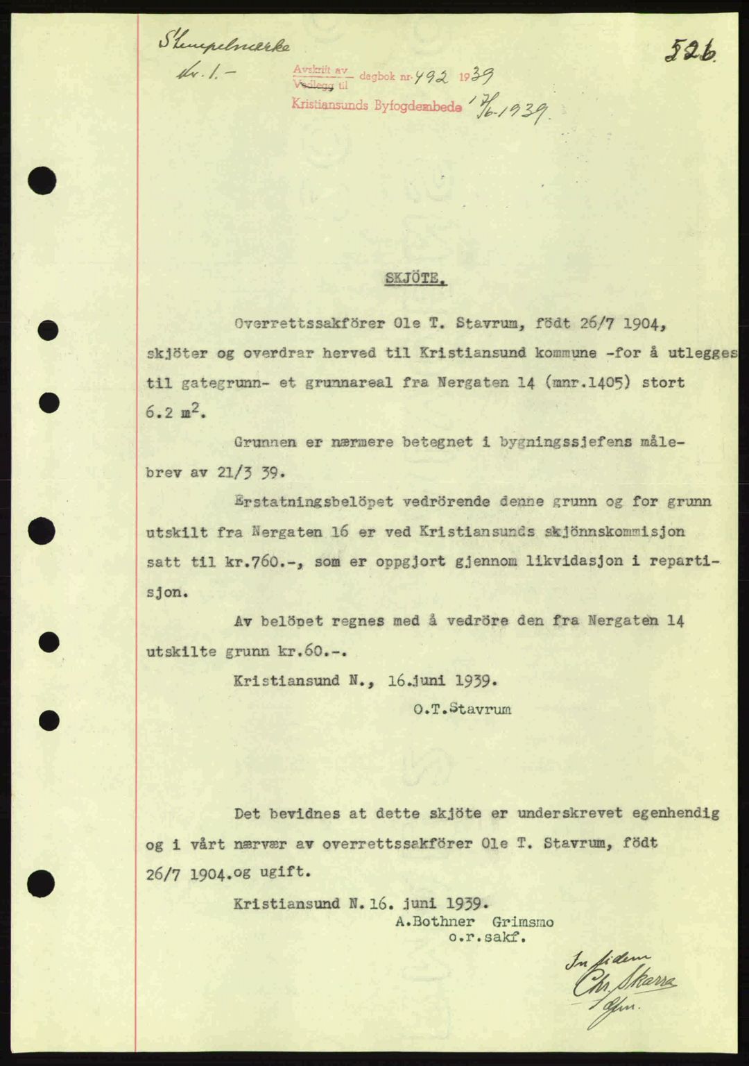Kristiansund byfogd, AV/SAT-A-4587/A/27: Pantebok nr. 30, 1936-1941, Dagboknr: 492/1939