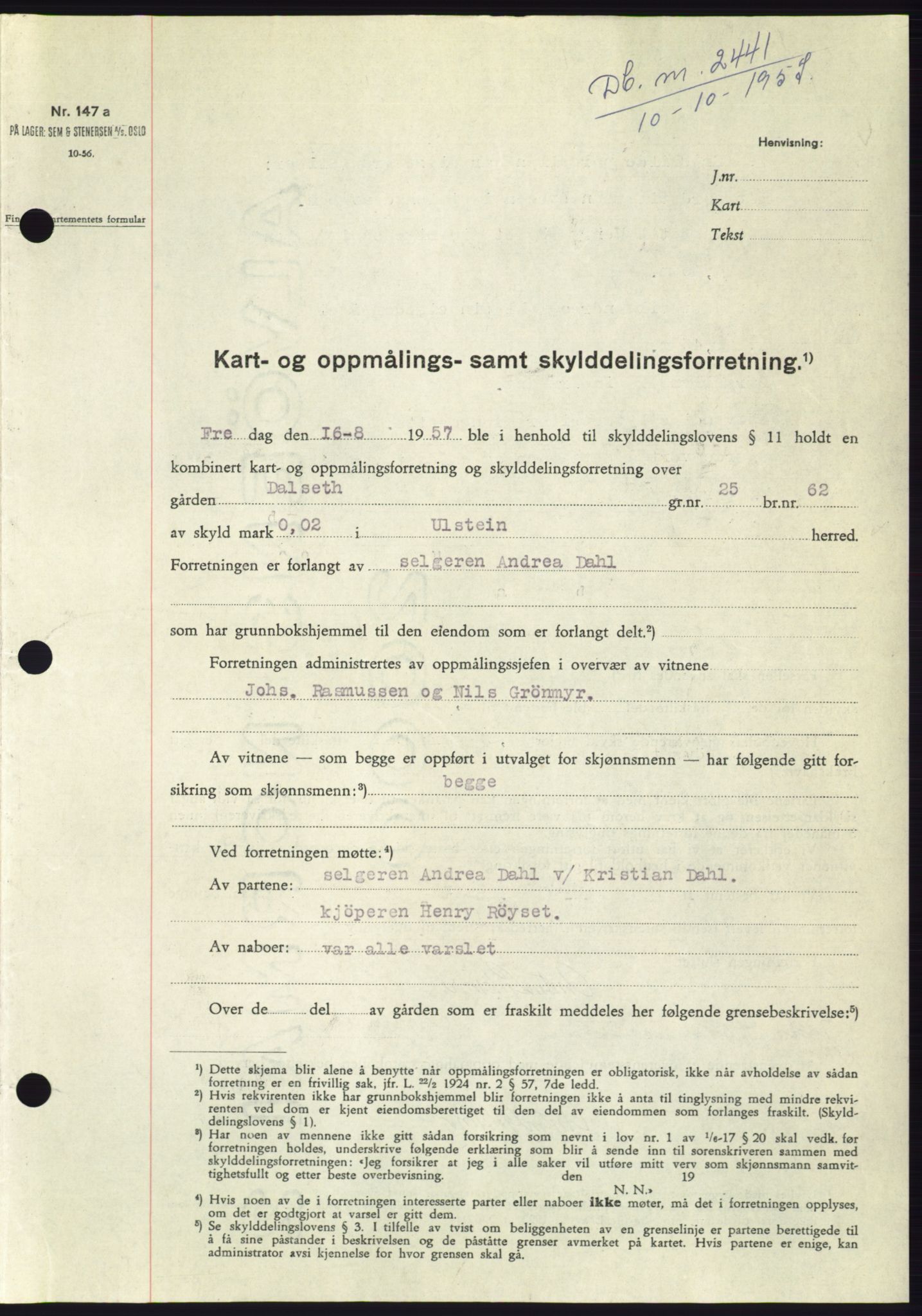 Søre Sunnmøre sorenskriveri, SAT/A-4122/1/2/2C/L0107: Pantebok nr. 33A, 1957-1957, Dagboknr: 2441/1957