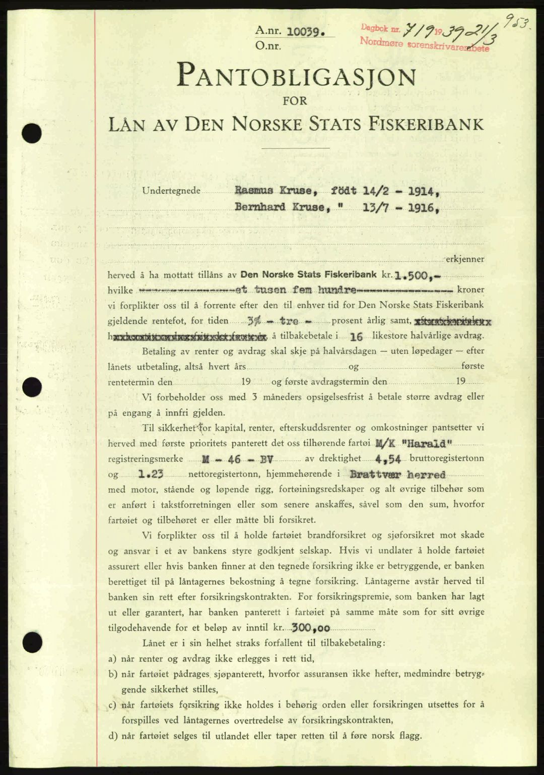 Nordmøre sorenskriveri, AV/SAT-A-4132/1/2/2Ca: Pantebok nr. B84, 1938-1939, Dagboknr: 719/1939