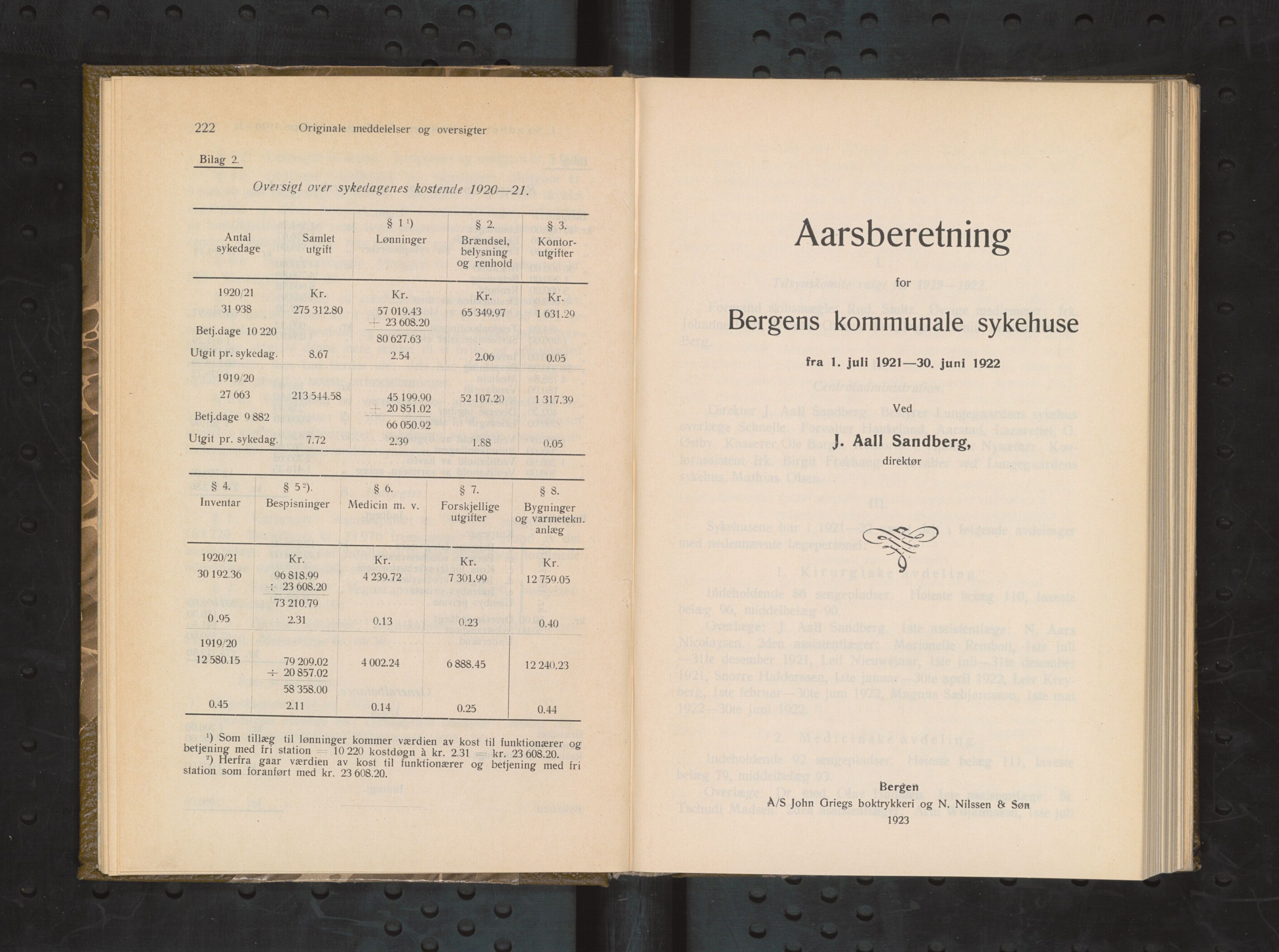 Haukeland Sykehus, Direktøren, BBA/A-2050.04/Æa/L0003: Årsberetninger 1921-1929, 1921-1929, s. 1