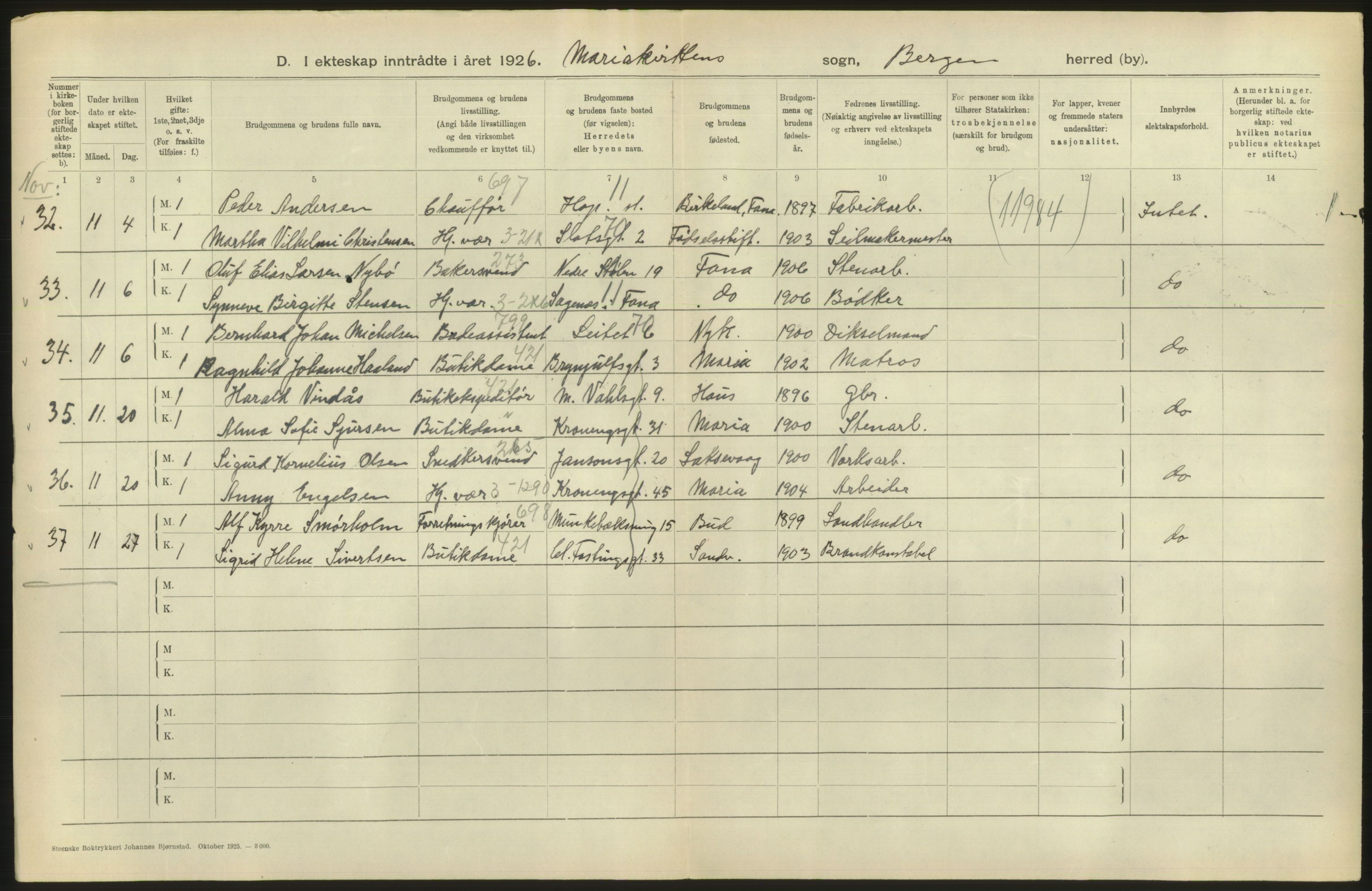 Statistisk sentralbyrå, Sosiodemografiske emner, Befolkning, RA/S-2228/D/Df/Dfc/Dfcf/L0028: Bergen: Gifte, døde, dødfødte., 1926, s. 144