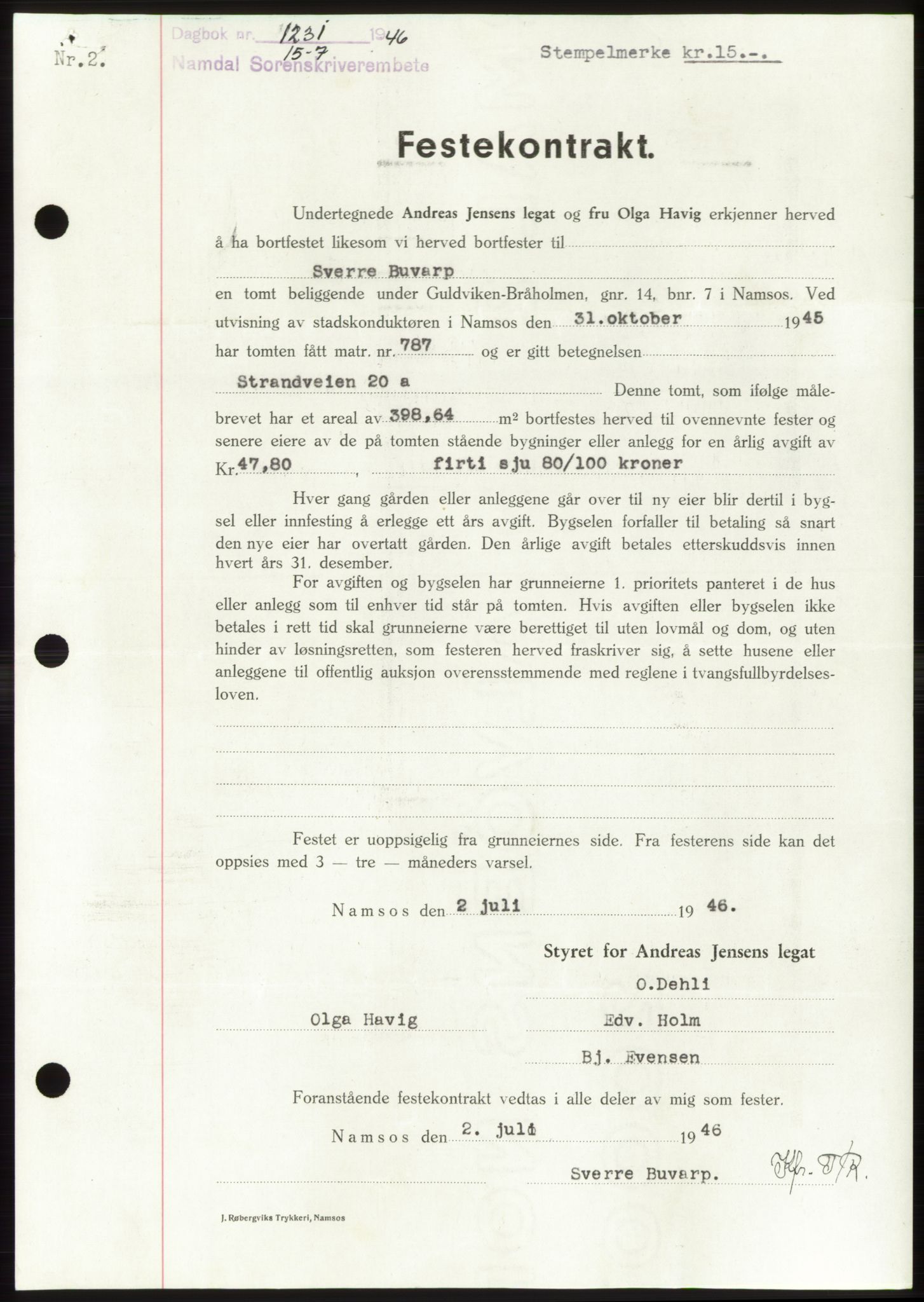 Namdal sorenskriveri, SAT/A-4133/1/2/2C: Pantebok nr. -, 1946-1946, Dagboknr: 1231/1946