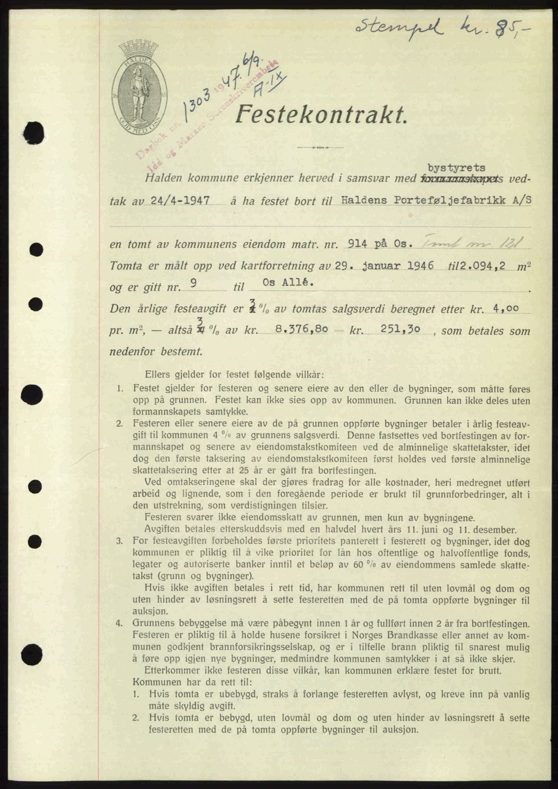 Idd og Marker sorenskriveri, SAO/A-10283/G/Gb/Gbb/L0009: Pantebok nr. A9, 1946-1947, Dagboknr: 1303/1947