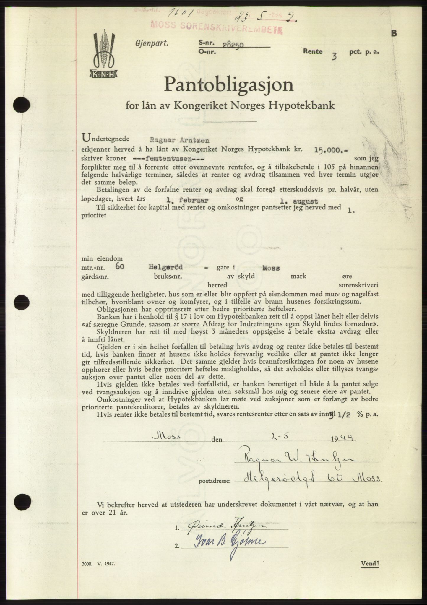 Moss sorenskriveri, SAO/A-10168: Pantebok nr. B22, 1949-1949, Dagboknr: 1601/1949