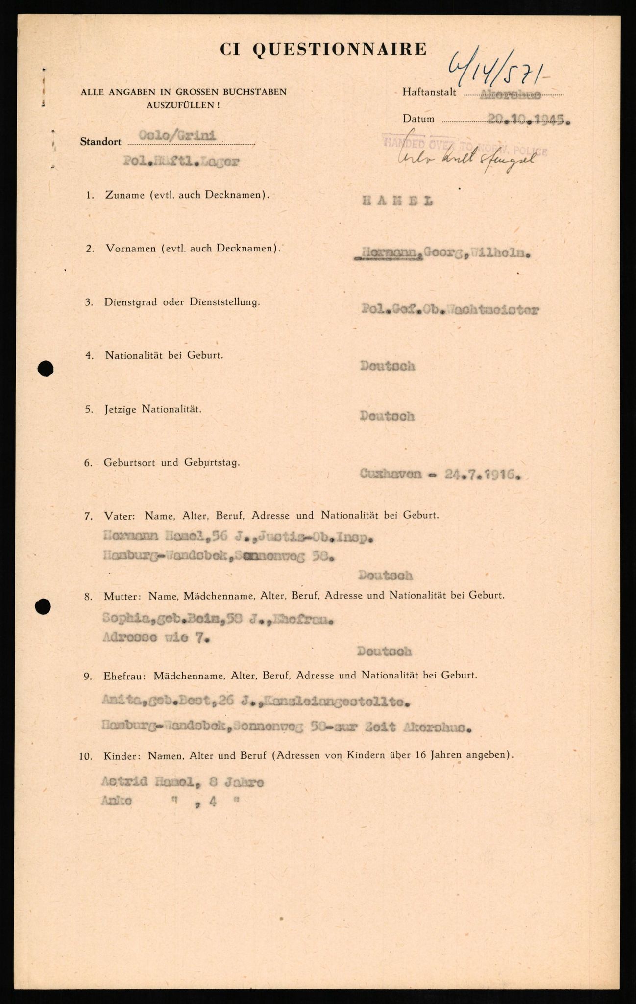 Forsvaret, Forsvarets overkommando II, RA/RAFA-3915/D/Db/L0011: CI Questionaires. Tyske okkupasjonsstyrker i Norge. Tyskere., 1945-1946, s. 378