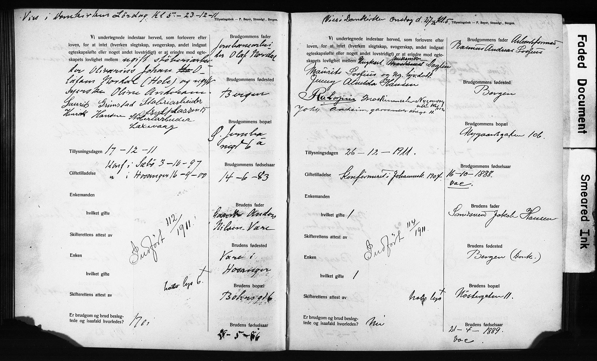Domkirken sokneprestembete, SAB/A-74801: Forlovererklæringer nr. II.5.12, 1910-1917, s. 73