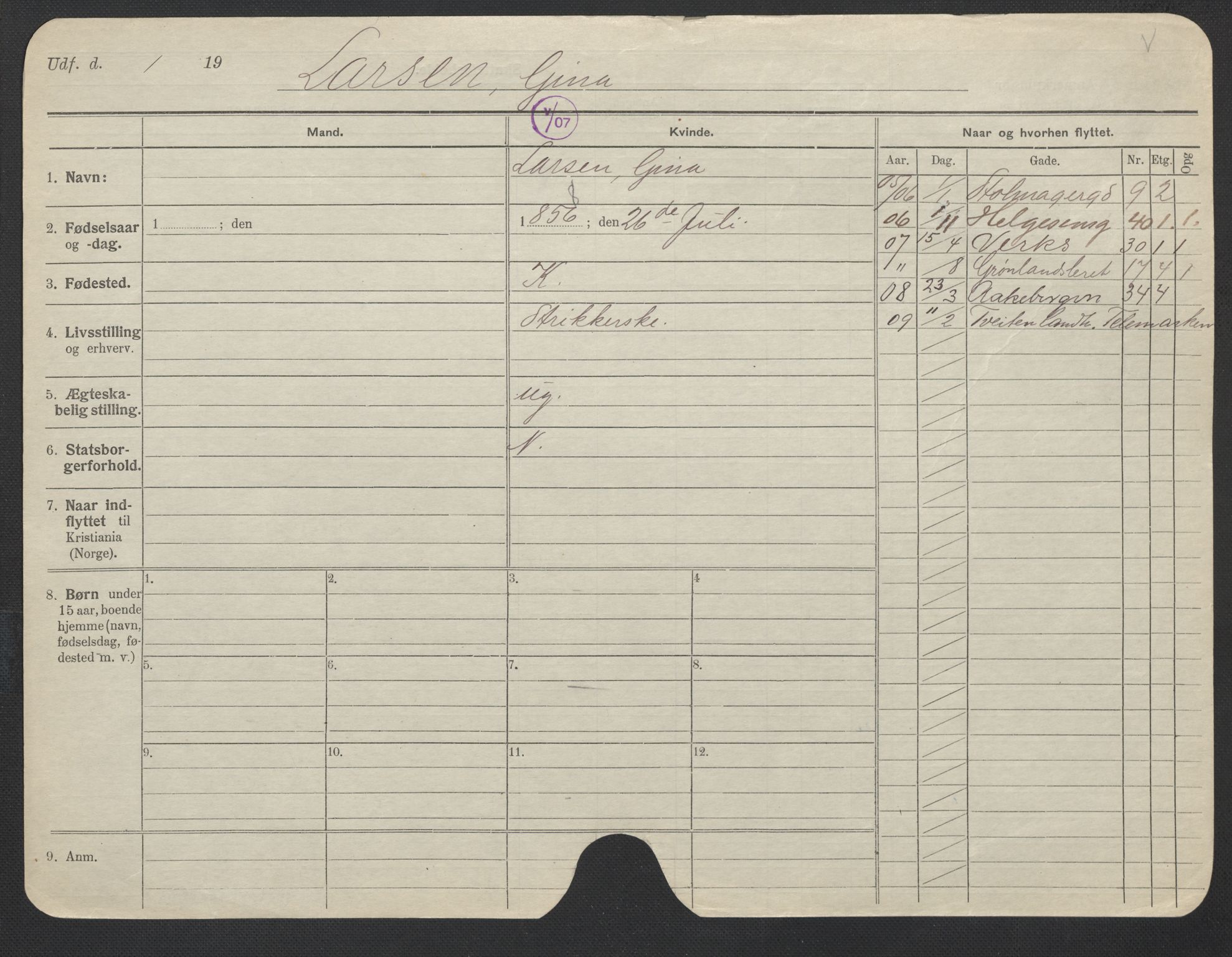 Oslo folkeregister, Registerkort, AV/SAO-A-11715/F/Fa/Fac/L0019: Kvinner, 1906-1914, s. 886a