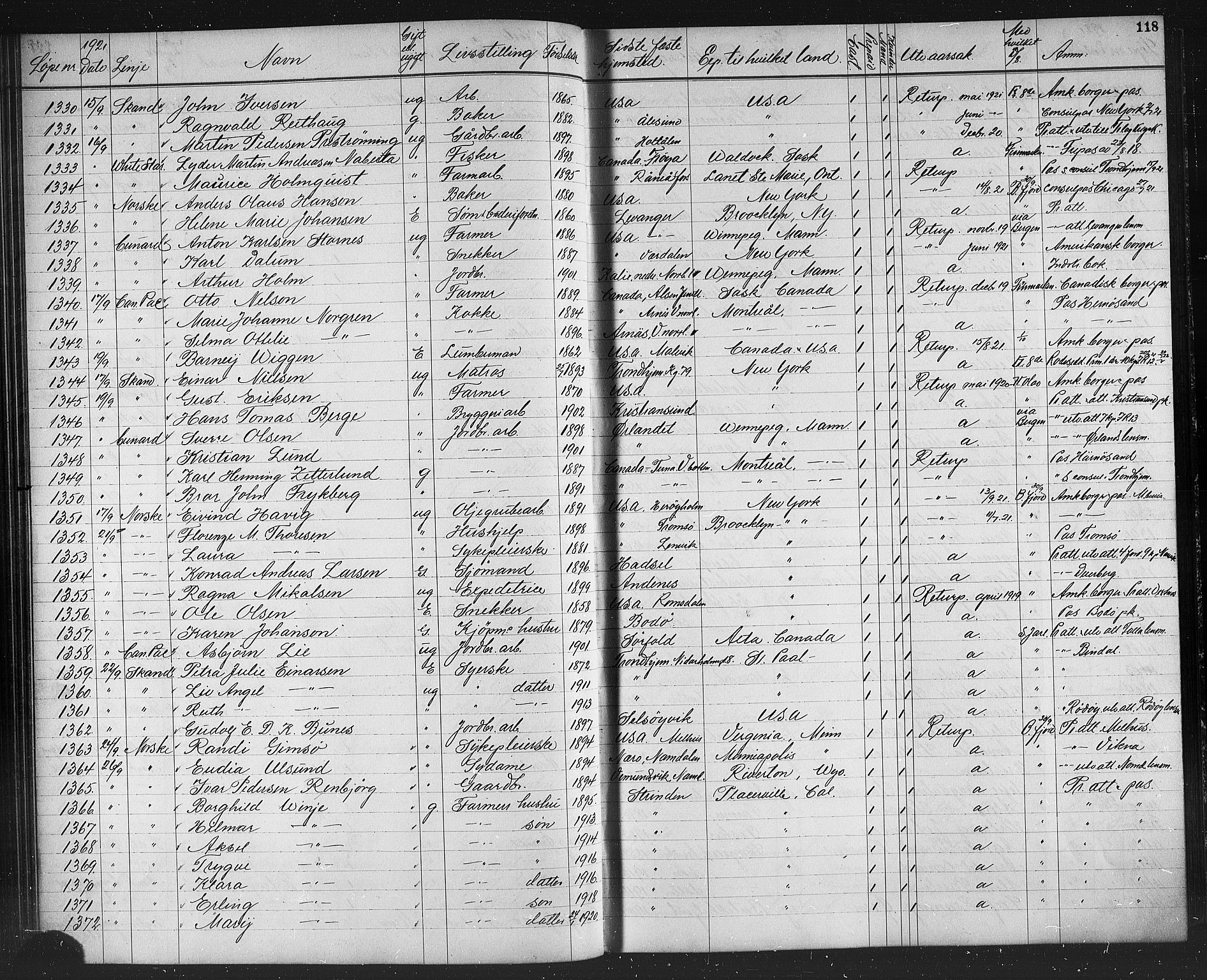 Trondheim politikammer, AV/SAT-A-1887/1/32/L0016: Emigrantprotokoll XV, 1916-1926, s. 118
