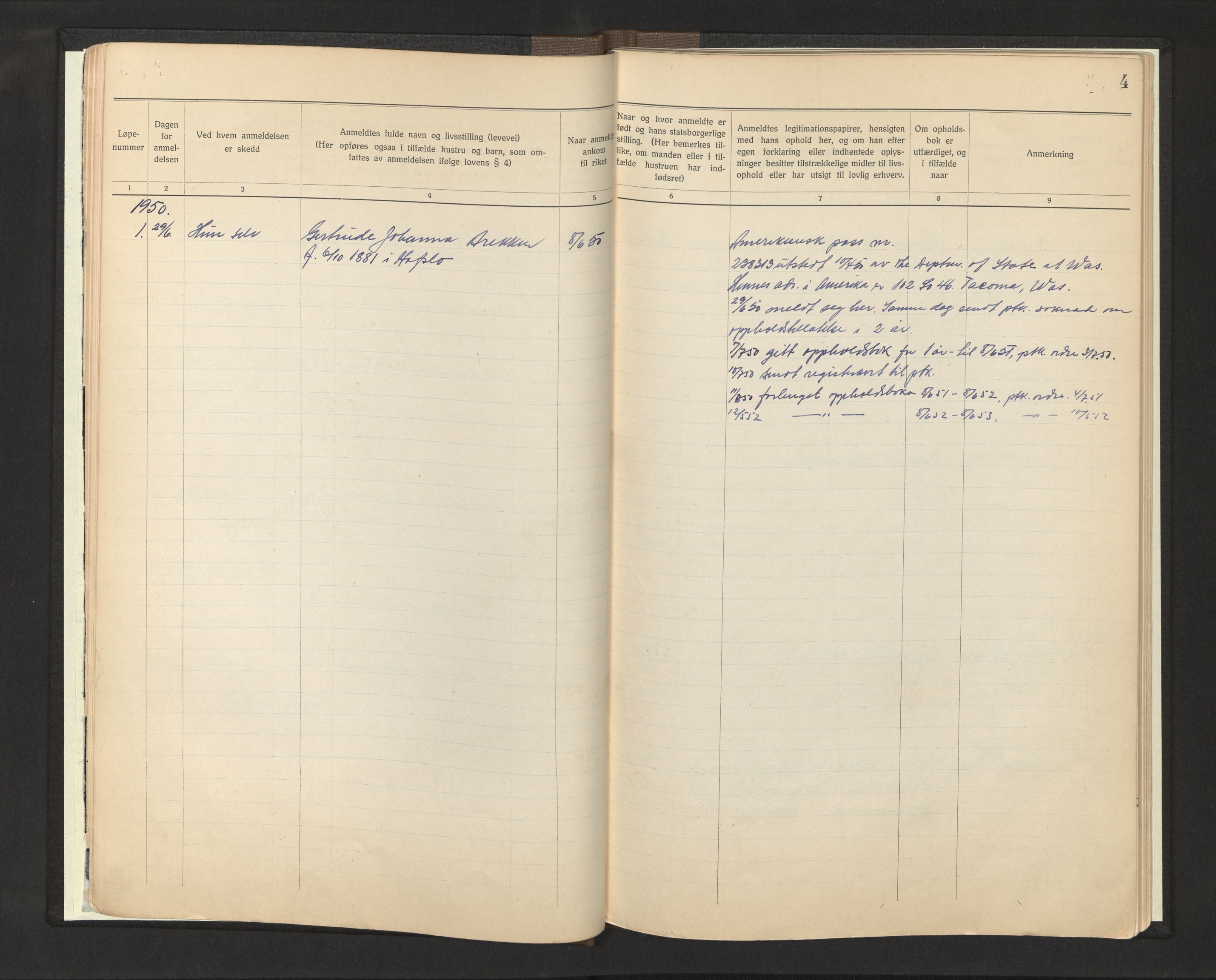 Lensmannen i Luster, SAB/A-29301/0020/L0004: Protokoll over framande statsborgarar, 1919-1988, s. 4
