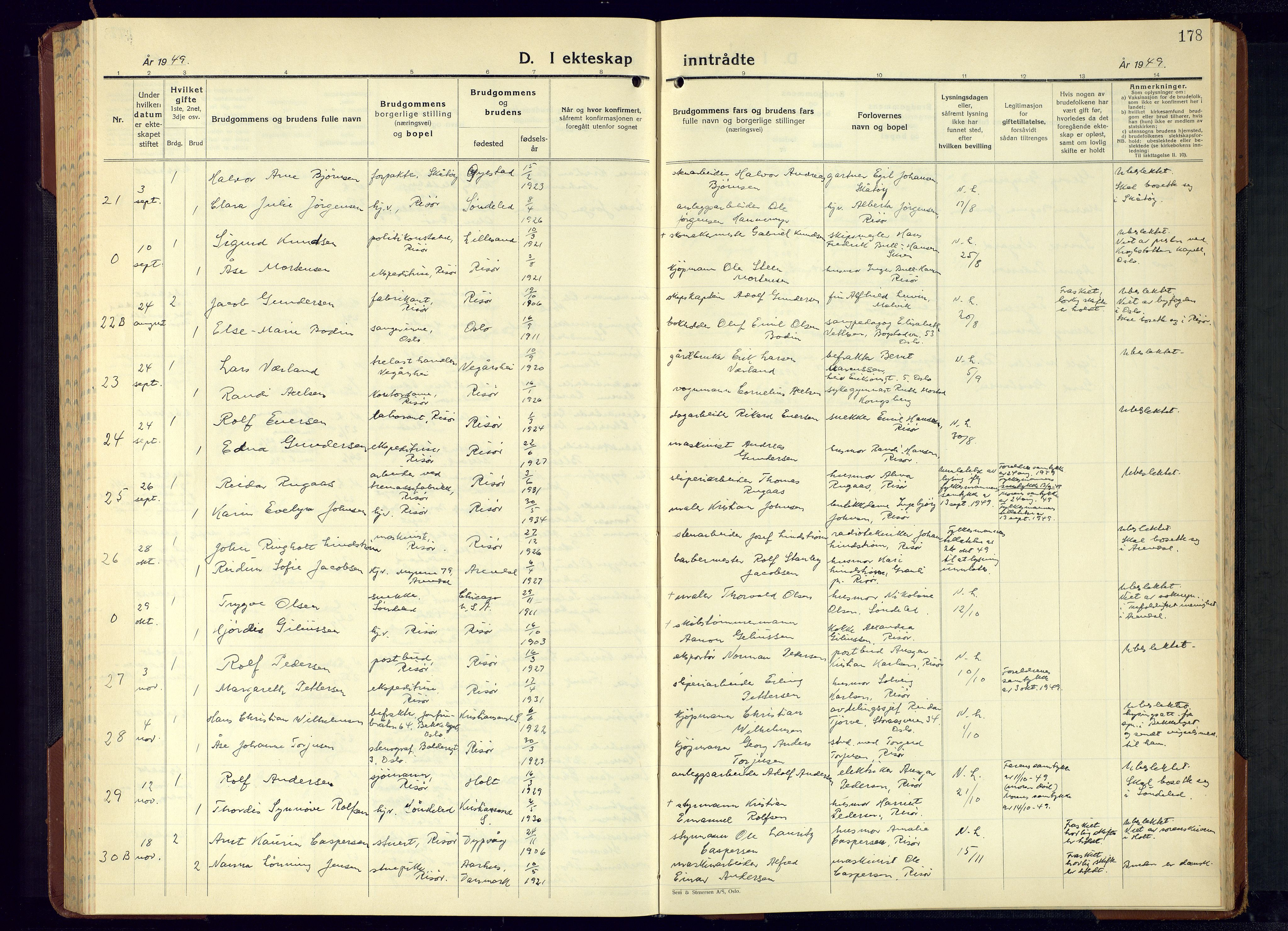 Risør sokneprestkontor, AV/SAK-1111-0035/F/Fb/L0010: Klokkerbok nr. B 10, 1940-1956, s. 178