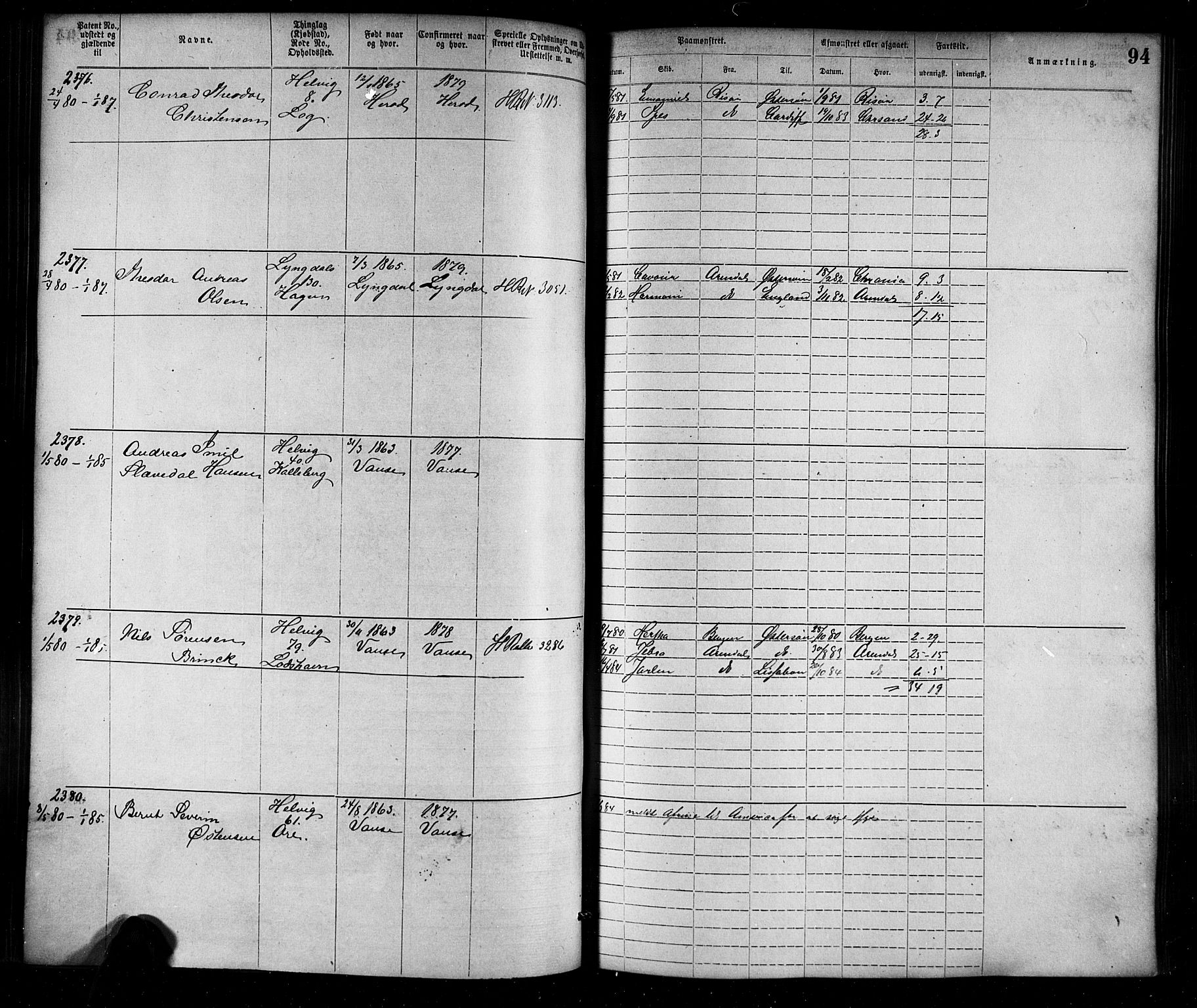 Farsund mønstringskrets, SAK/2031-0017/F/Fa/L0006: Annotasjonsrulle nr 1911-3805 med register, Z-3, 1877-1894, s. 121