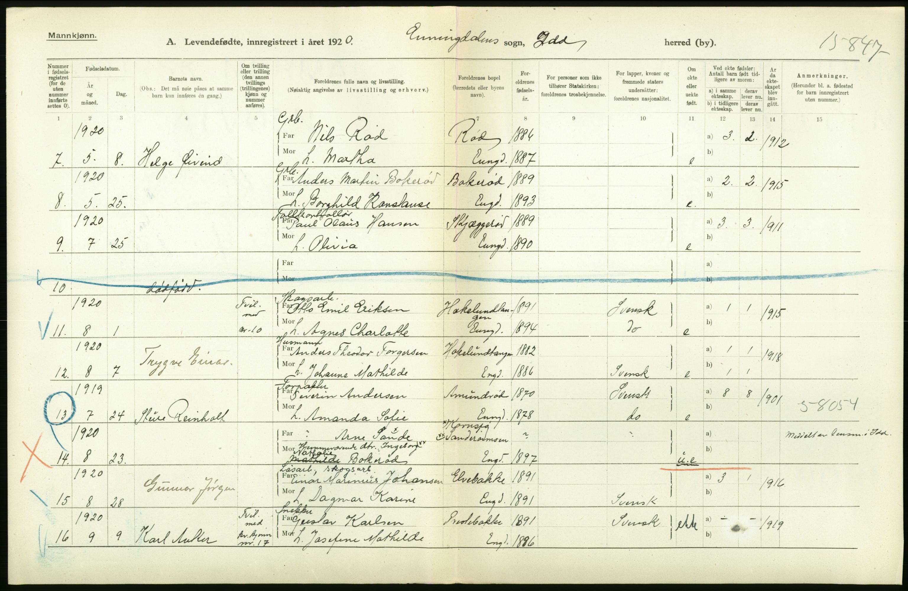 Statistisk sentralbyrå, Sosiodemografiske emner, Befolkning, RA/S-2228/D/Df/Dfb/Dfbj/L0001: Østfold fylke: Levendefødte menn og kvinner. Bygder., 1920, s. 256