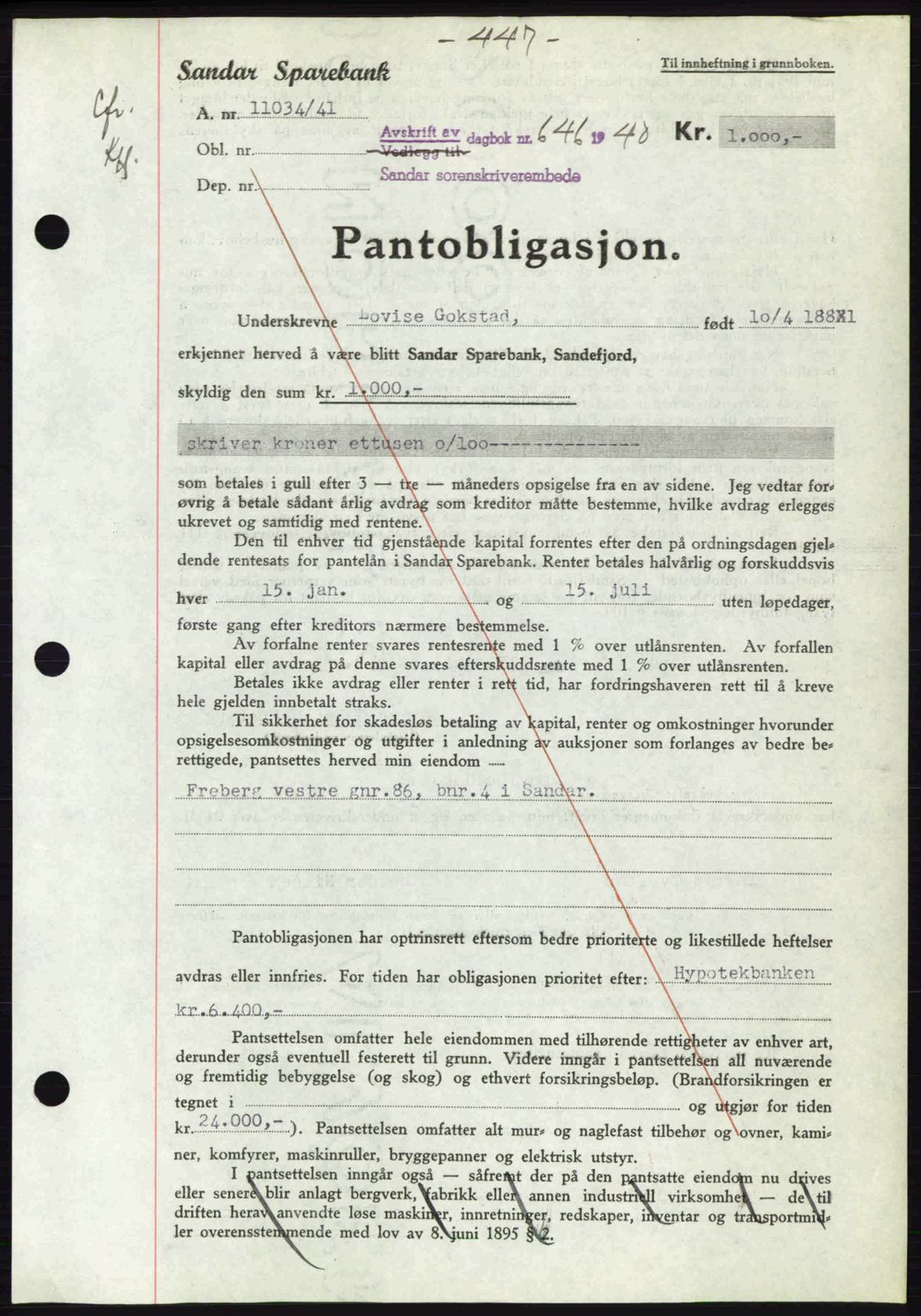 Sandar sorenskriveri, SAKO/A-86/G/Ga/Gab/L0001: Pantebok nr. B-1 og B-3 - B-9, 1936-1944, Dagboknr: 646/1940