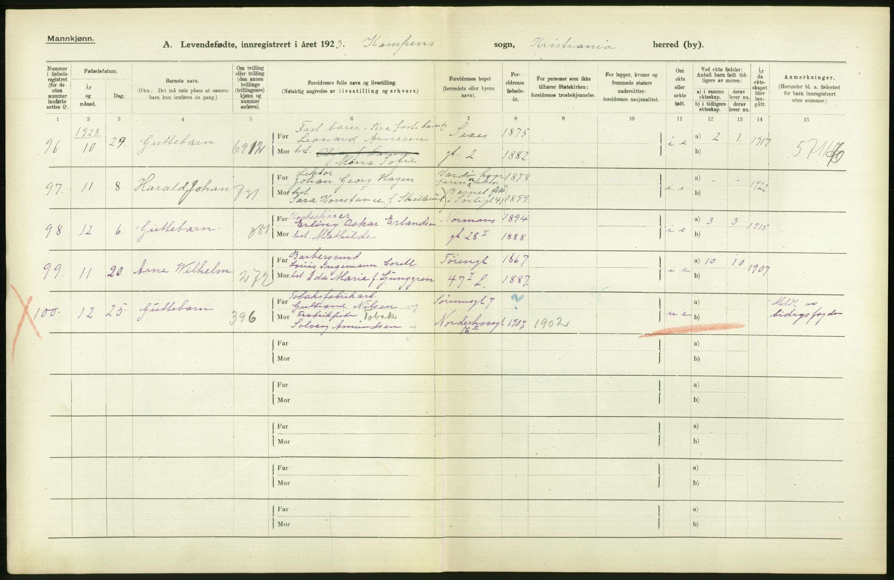 Statistisk sentralbyrå, Sosiodemografiske emner, Befolkning, AV/RA-S-2228/D/Df/Dfc/Dfcc/L0006: Kristiania: Levendefødte menn og kvinner., 1923, s. 506