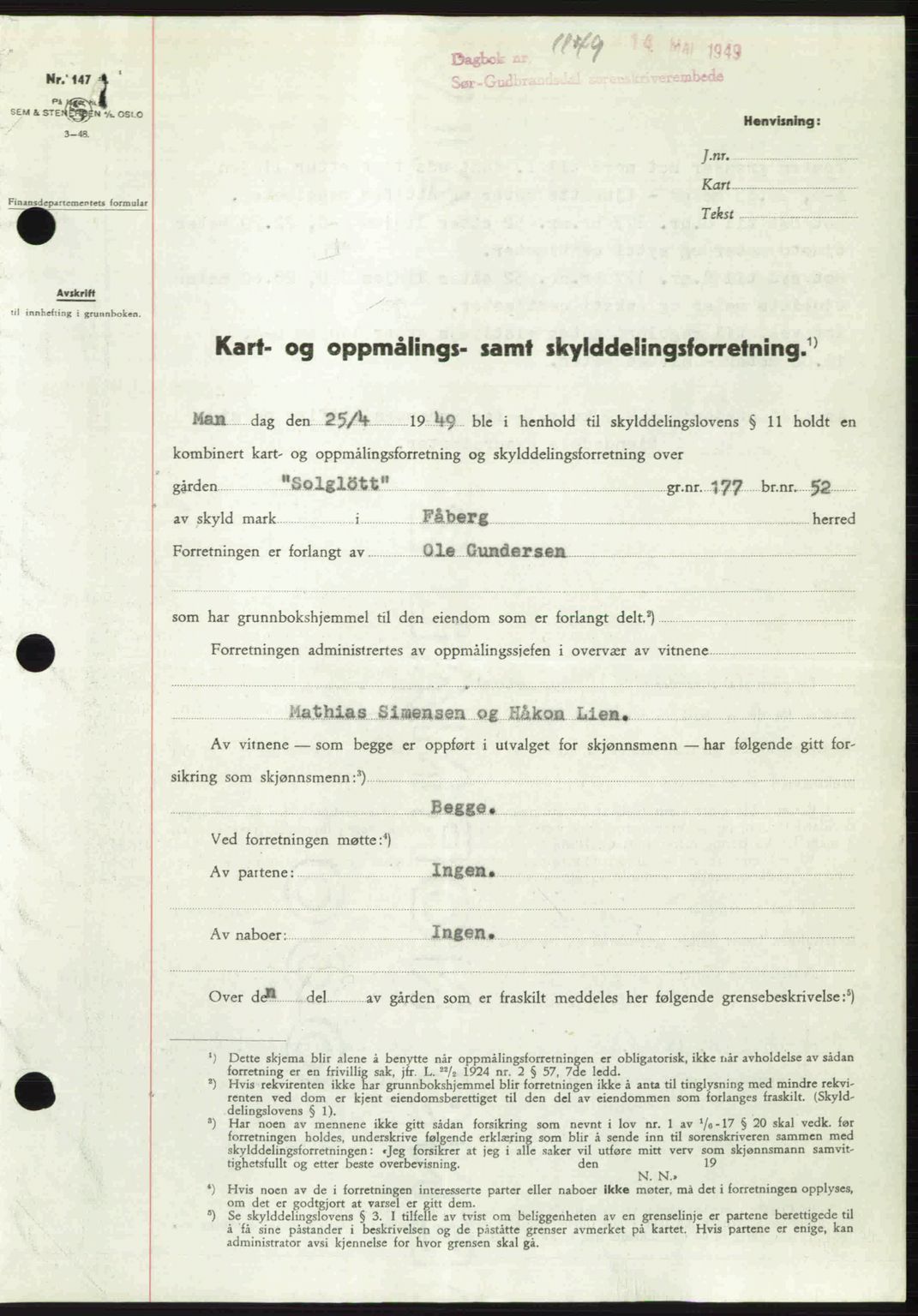 Sør-Gudbrandsdal tingrett, SAH/TING-004/H/Hb/Hbd/L0025: Pantebok nr. A25, 1949-1949, Dagboknr: 1149/1949