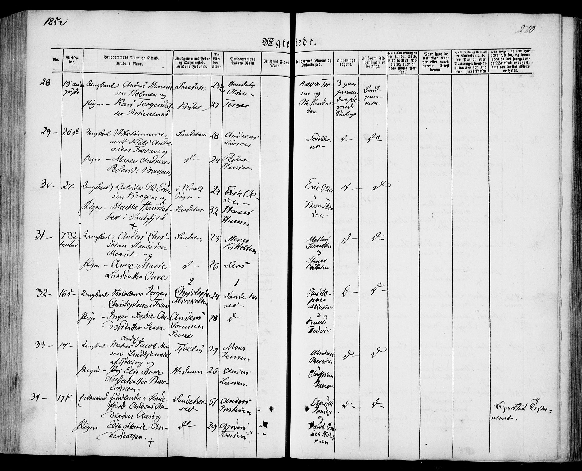 Sandar kirkebøker, AV/SAKO-A-243/F/Fa/L0006: Ministerialbok nr. 6, 1847-1860, s. 270