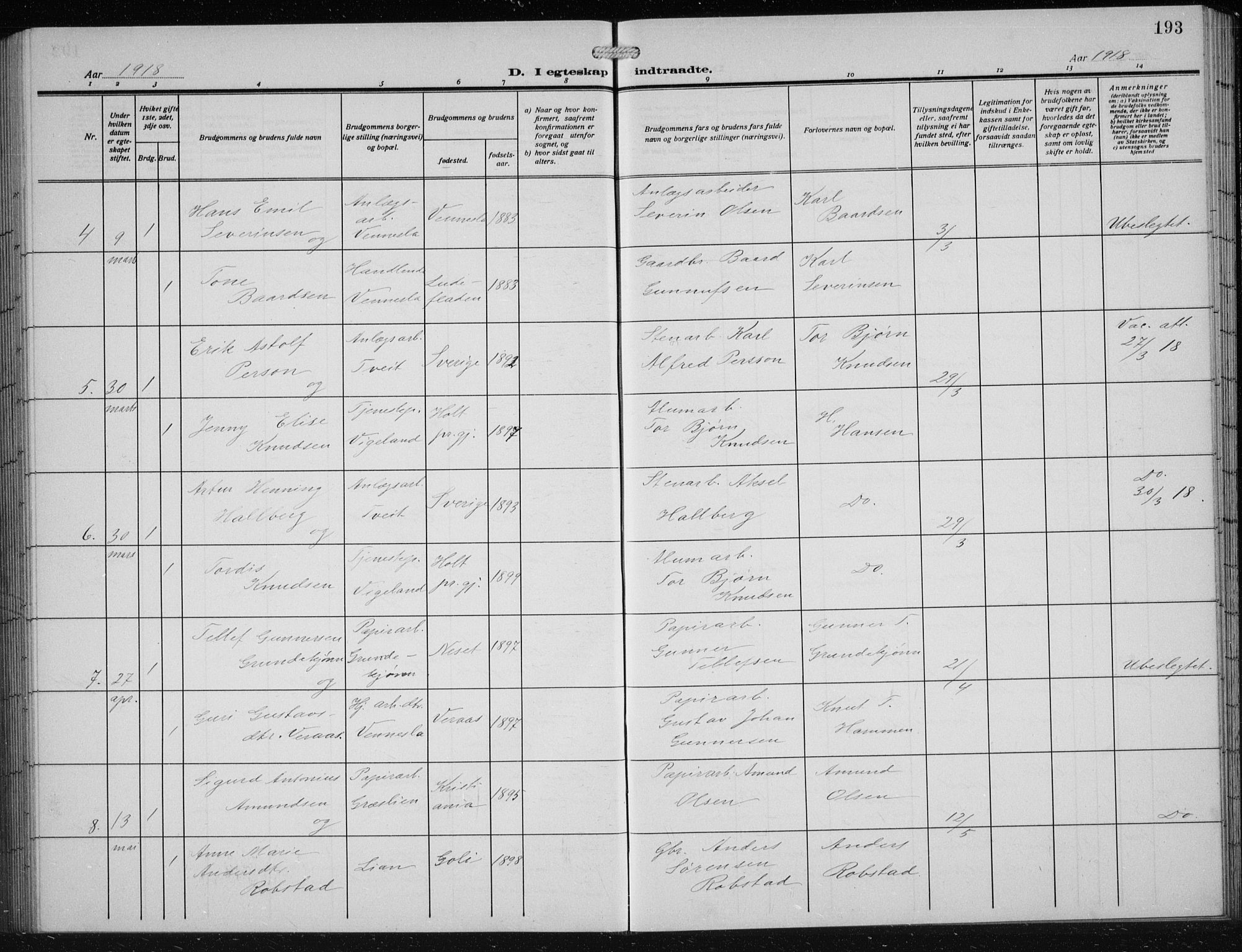 Vennesla sokneprestkontor, AV/SAK-1111-0045/Fb/Fbb/L0006: Klokkerbok nr. B 6, 1914-1921, s. 193