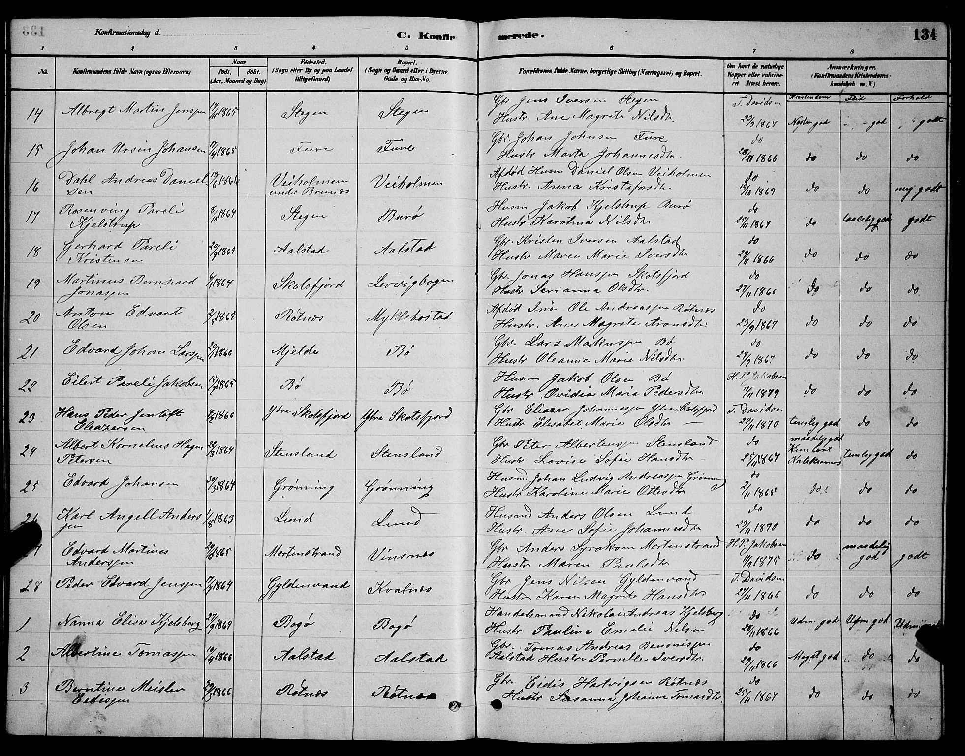 Ministerialprotokoller, klokkerbøker og fødselsregistre - Nordland, SAT/A-1459/855/L0816: Klokkerbok nr. 855C05, 1879-1894, s. 134