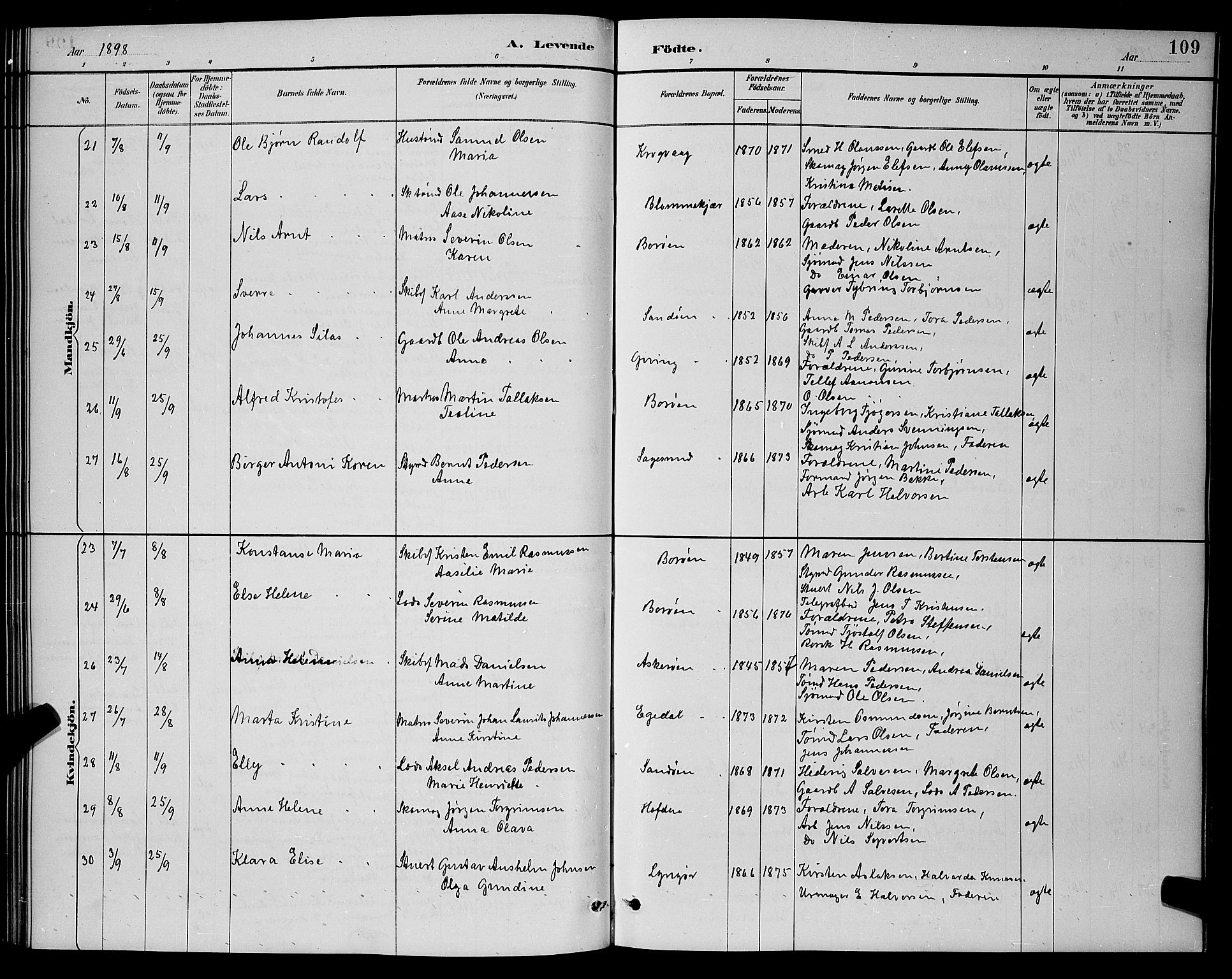 Dypvåg sokneprestkontor, AV/SAK-1111-0007/F/Fb/Fba/L0013: Klokkerbok nr. B 13, 1887-1900, s. 109