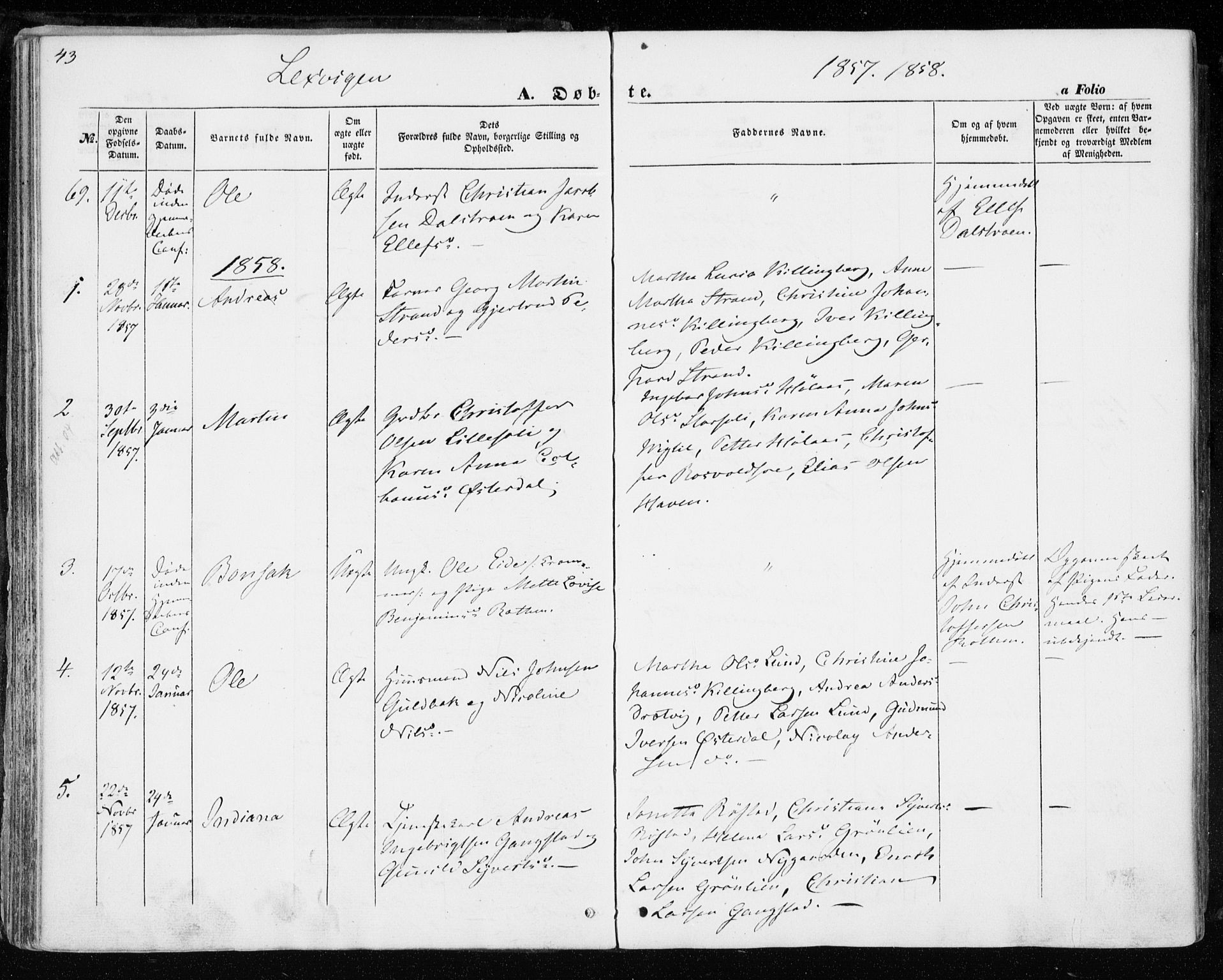 Ministerialprotokoller, klokkerbøker og fødselsregistre - Nord-Trøndelag, AV/SAT-A-1458/701/L0008: Ministerialbok nr. 701A08 /1, 1854-1863, s. 43