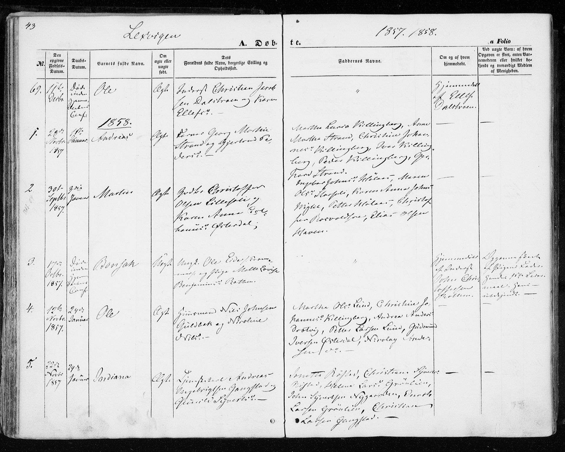 Ministerialprotokoller, klokkerbøker og fødselsregistre - Nord-Trøndelag, SAT/A-1458/701/L0008: Ministerialbok nr. 701A08 /1, 1854-1863, s. 43